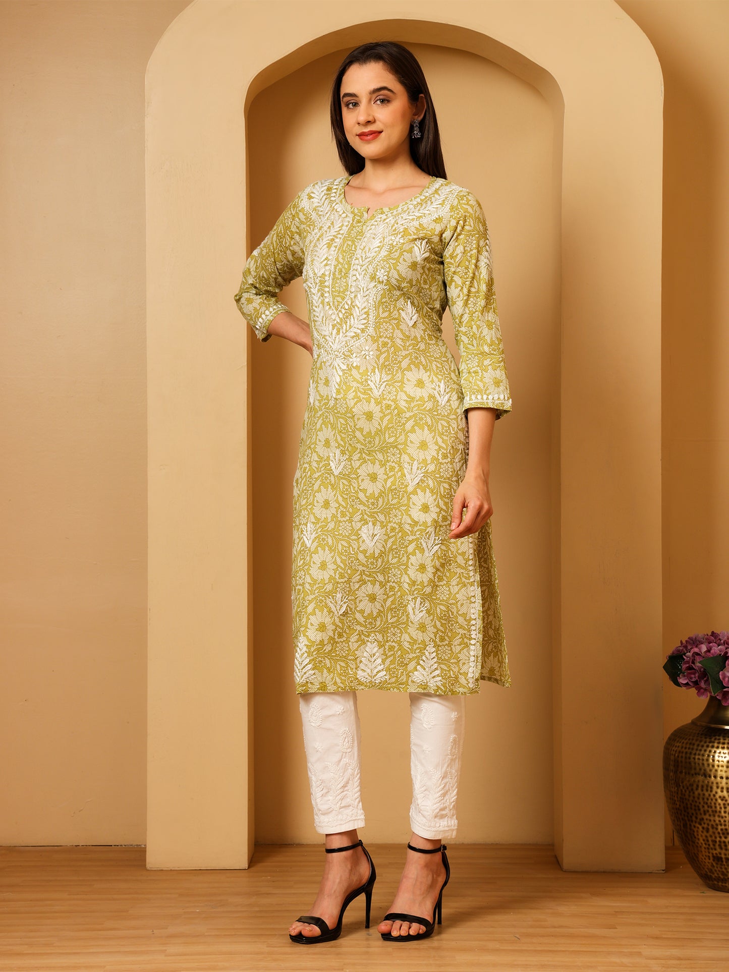 Nazaira Mulmul Cotton Chikankari Kurta for Women Pista Green | Hand Embroidered Lucknow Chikankari Kurti | Ethnic Wear Long Kurta for Women | Handmade Luckhnawi Chickankari Kurta