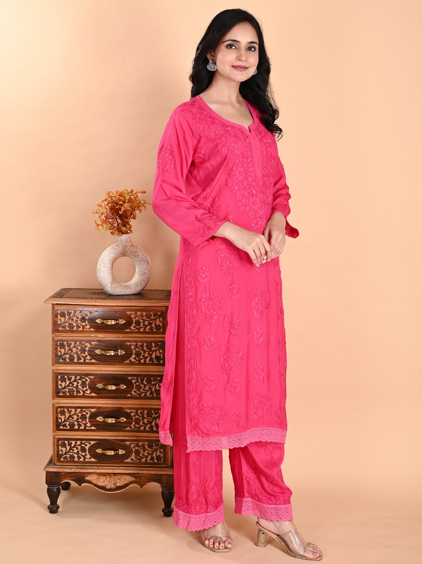 Magenta Muslin Lucknowi Chikankari Kurta with Palazzo Set for Women with Hand Embroidery – Long Ethnic Wear Suit Set