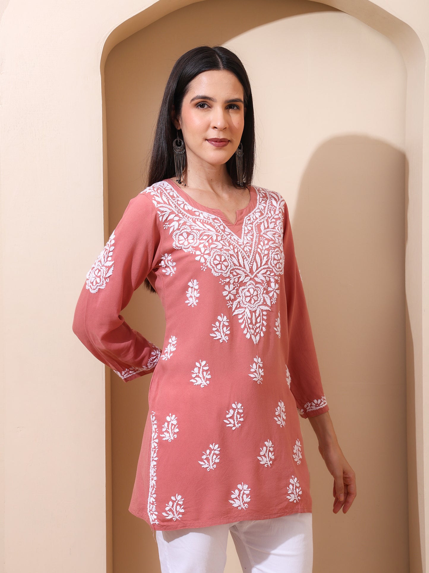 Nazaira Women’s Rayon Lucknow Chikankari Short Kurta | Handmade Hand Embroidered Luckhnawi Kurti for Women | Ethnic Wear Tunic Top for Daily, Casual Peach