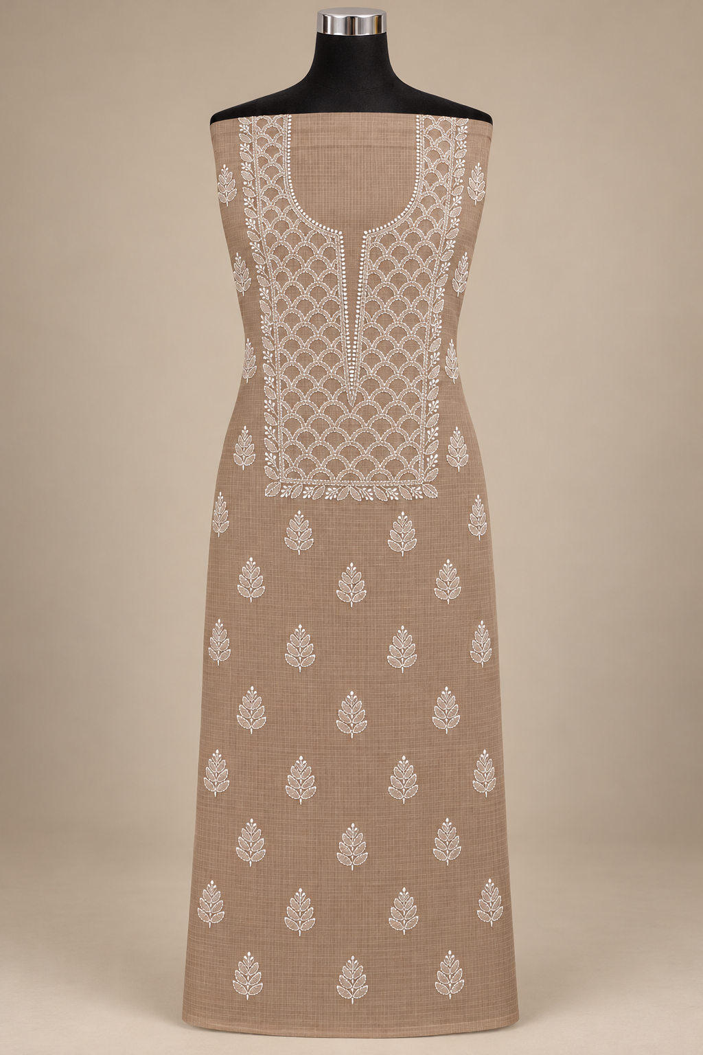 Women's Light Brown Kota Cotton Unstitched Lucknowi Chikankari Suit Material with Dupatta (2 Piece) | Glass Gala Neckline Hand Embroidery, Front and Back Buti Work | Festive Pooja and Wedding