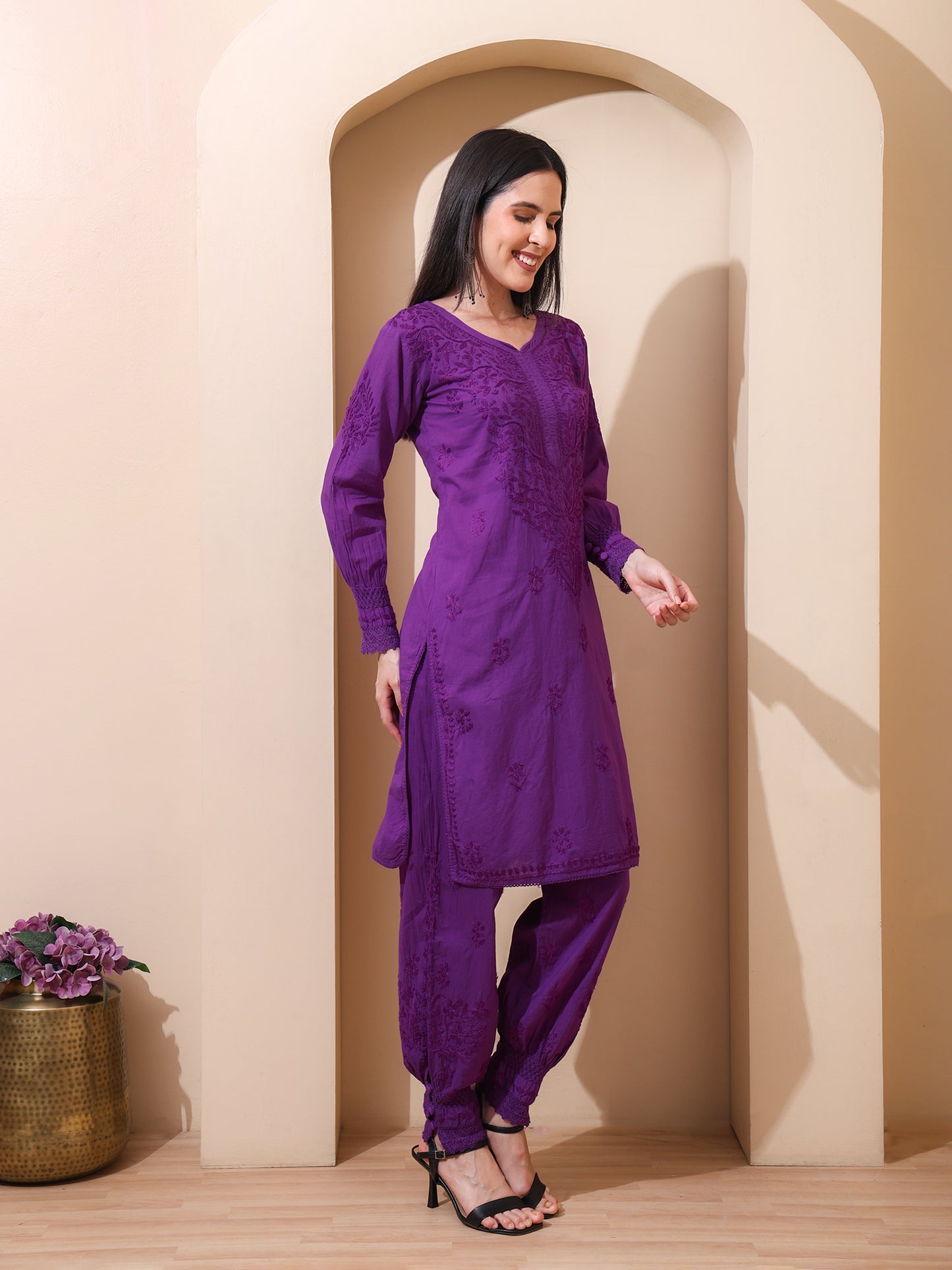 Nazaira Women’s Cotton Chikankari Kurta Pant Set | Hand Embroidered Lucknowi Chikankari Afghani Set for Women | Ethnic Kurti Set with Bottom Wear | Purple