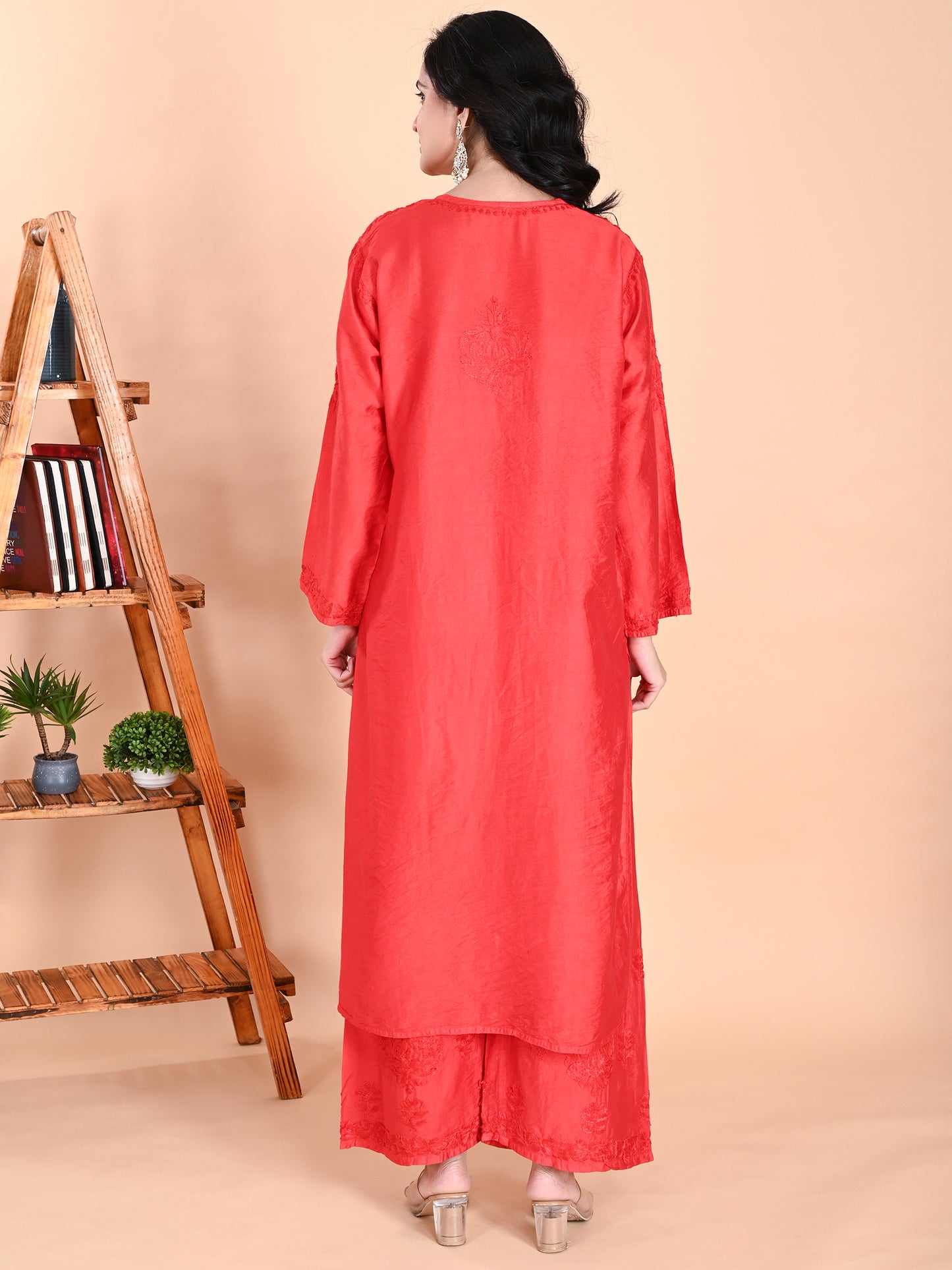 Red Chanderi Lucknowi Chikankari Kurta with Pajama Set for Women with Hand Embroidery – Long Ethnic Wear Suit Set