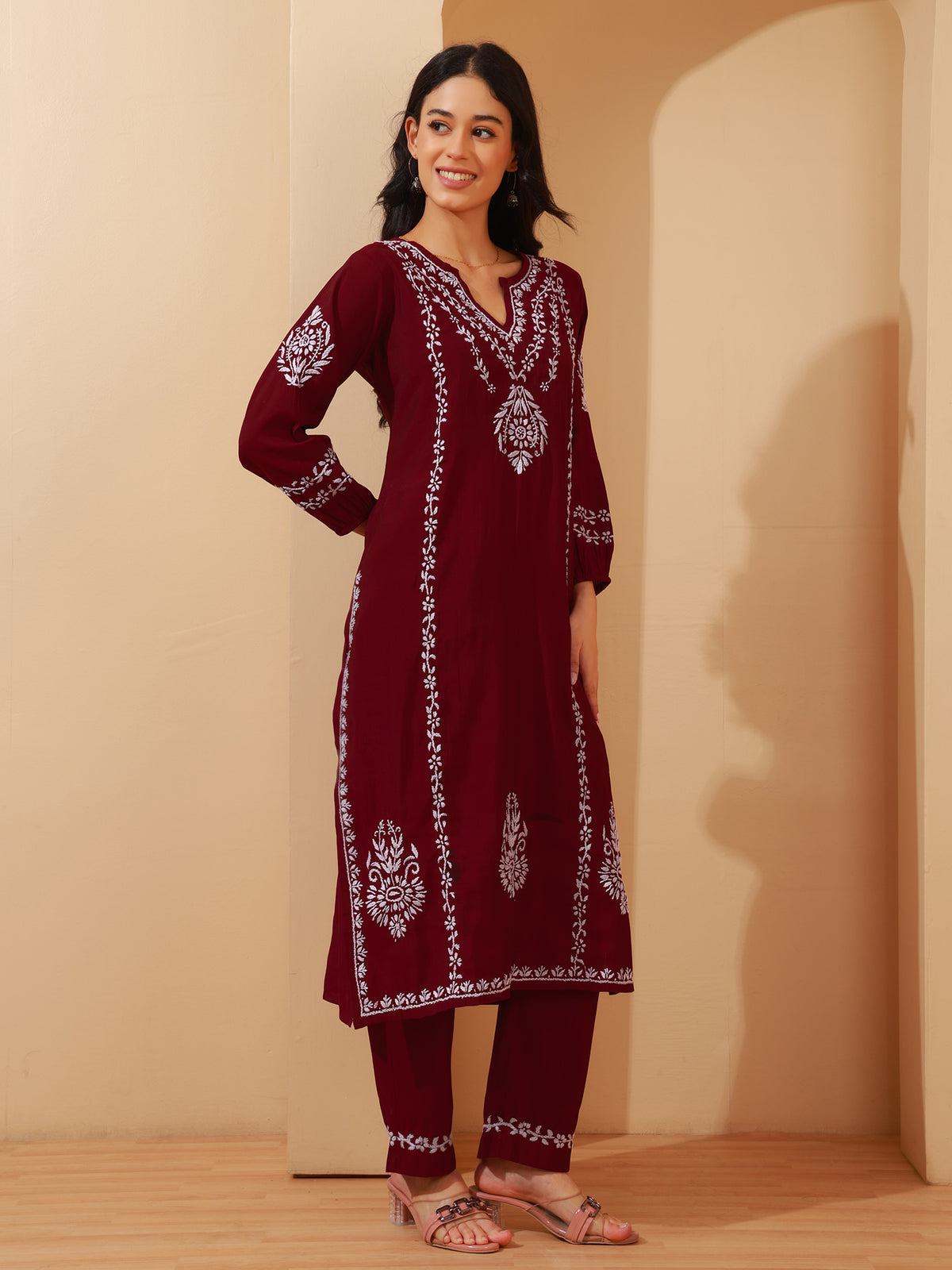 Nazaira Chanderi Chikankari Kurta Pant Set for Women | Maroon Long Kurti with Hand Embroidery | Lucknowi Chikankari Ethnic Wear | Matching Pants with Pockets | Traditional Handwork