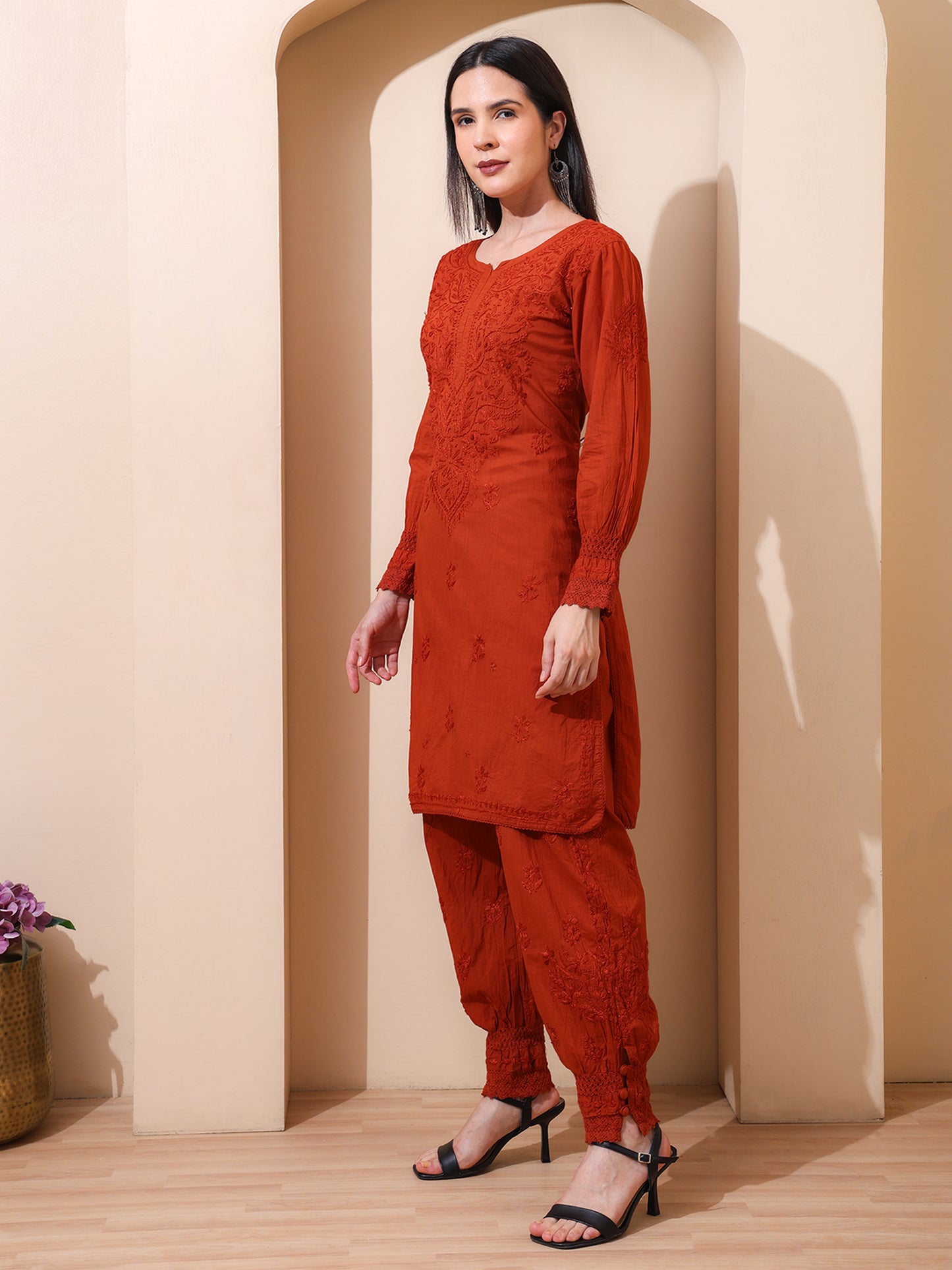 Nazaira Women’s Cotton Chikankari Kurta Pant Set | Hand Embroidered Lucknowi Chikankari Afghani Set for Women | Ethnic Kurti Set with Bottom Wear | Rust