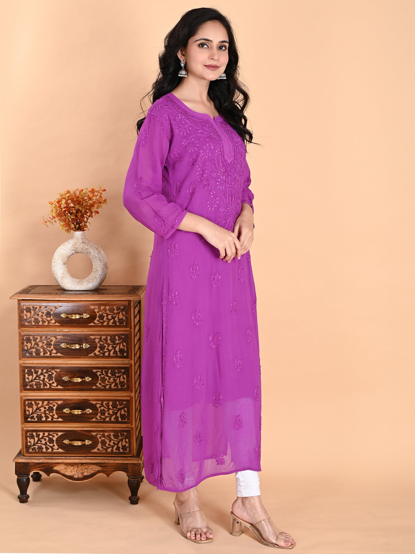 Purple Viscose Georgette Lucknowi Chikankari Long Kurta for Women with Inner, Hand Embroidery, Mukaish & Resham Thread Work – Ethnic Wear Kurti