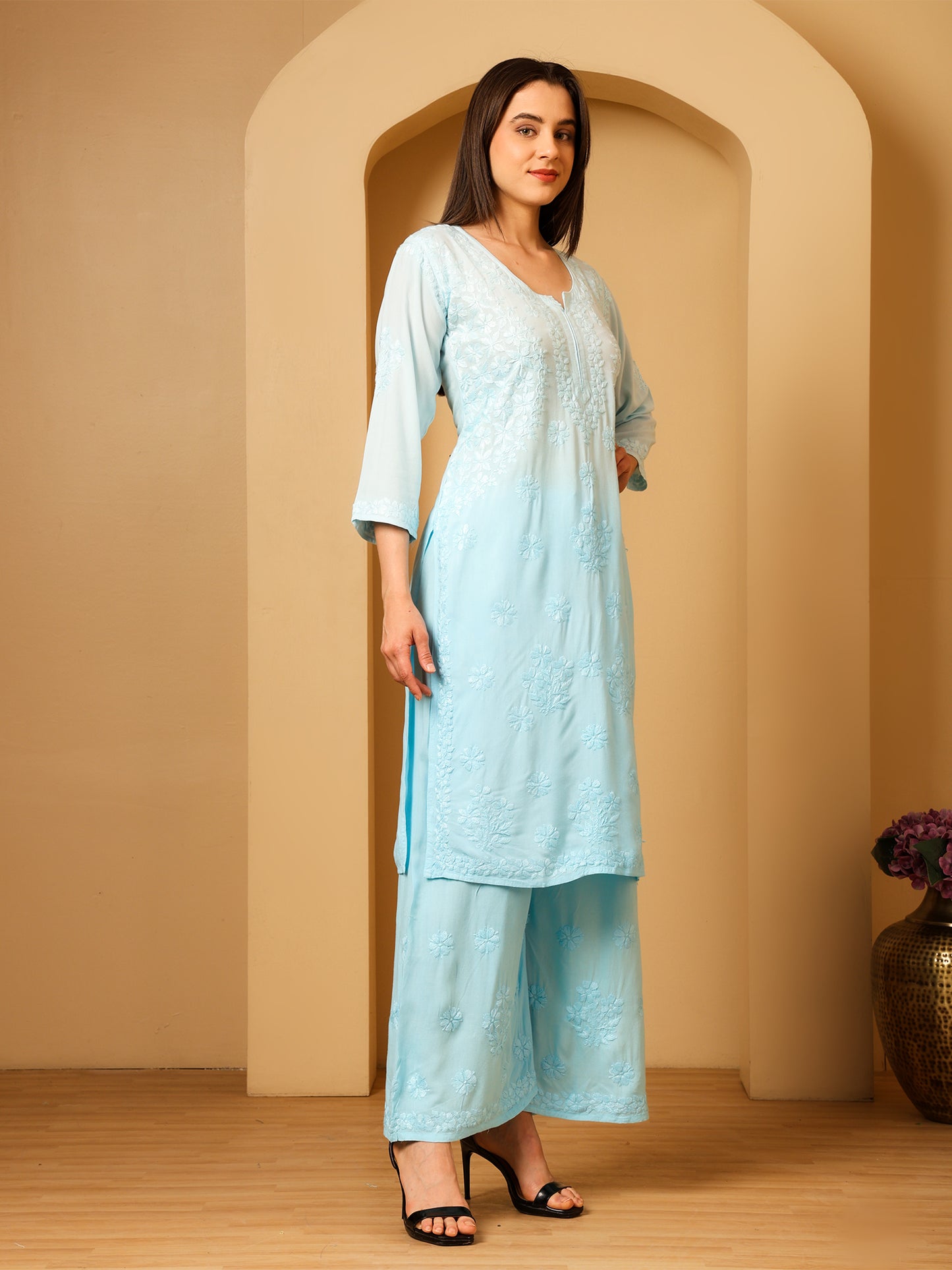 Nazaira Women’s Rayon Lucknow Chikankari Kurta Palazzo Set | Firozi Blue Ombre Hand Embroidered Kurti Set | Ethnic Wear for Women | Handmade Luckhnawi Chickankari Kurta with Palazzo
