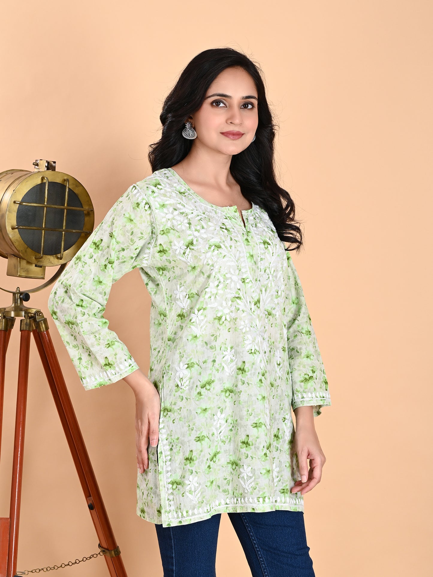 Green Mul Cotton Lucknowi Chikankari Short Kurti for Women with Hand Embroidery – Casual Ethnic Wear Top