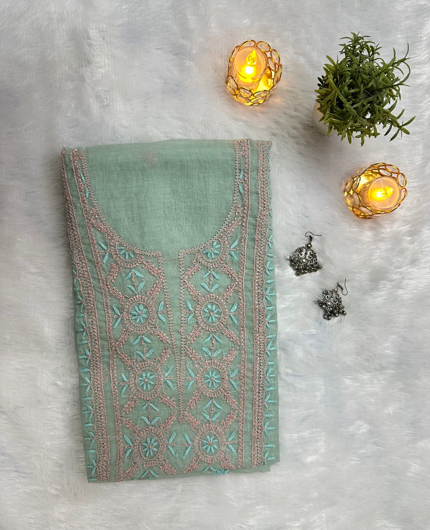 Pure Mul Chanderi Lucknowi Chikankari Unstitched Suit for Women with Dupatta – Hand Embroidered Ethnic Dress Material (2 Piece Set) - Sea Green
