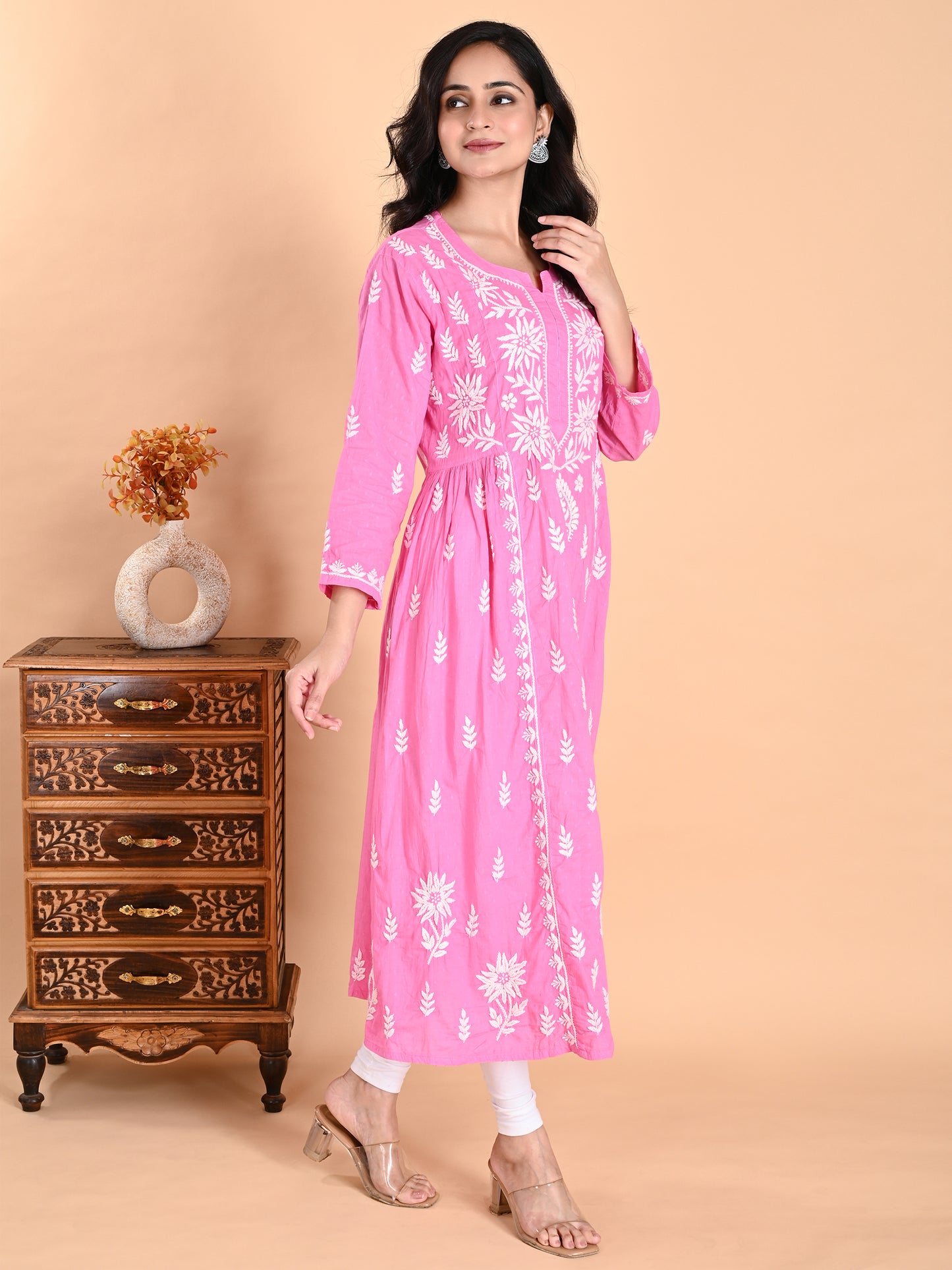Pink Cotton Lucknowi Chikankari Long Gown Style Kurta for Women with White Hand Embroidery – Ethnic Wear Kurti