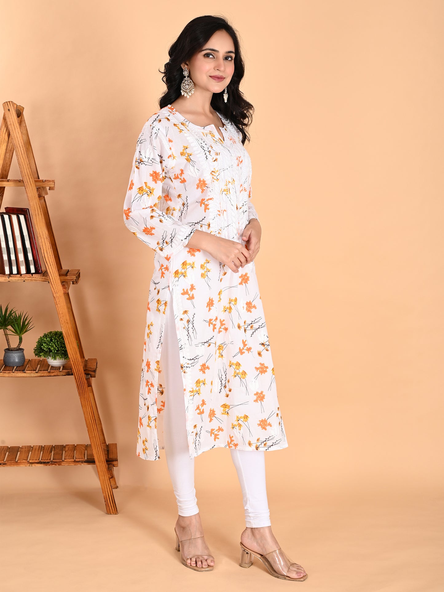 Mulmul Cotton Lucknowi Chikankari Orange Floral Printed Long Kurta for Women with Hand Embroidery – Ethnic Wear Kurti