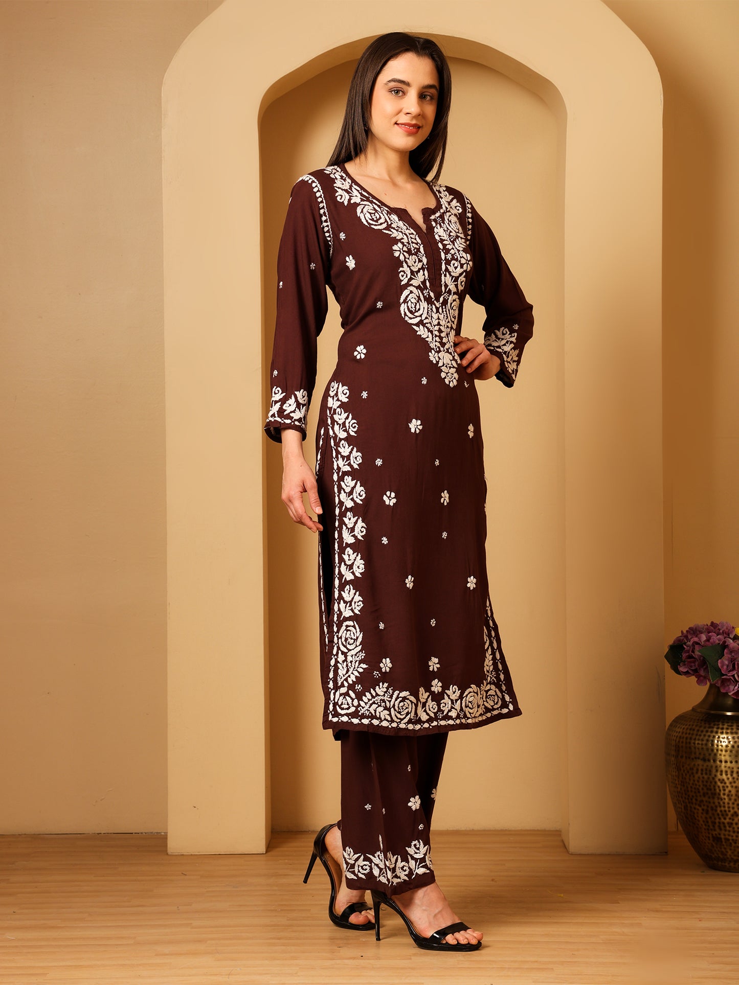 Nazaira Women’s Rayon 3D Work Lucknow Chikankari Kurta with Palazzo Set | Hand Embroidered Lucknawi Chickankari Kurti | Ethnic Wear | Brown |