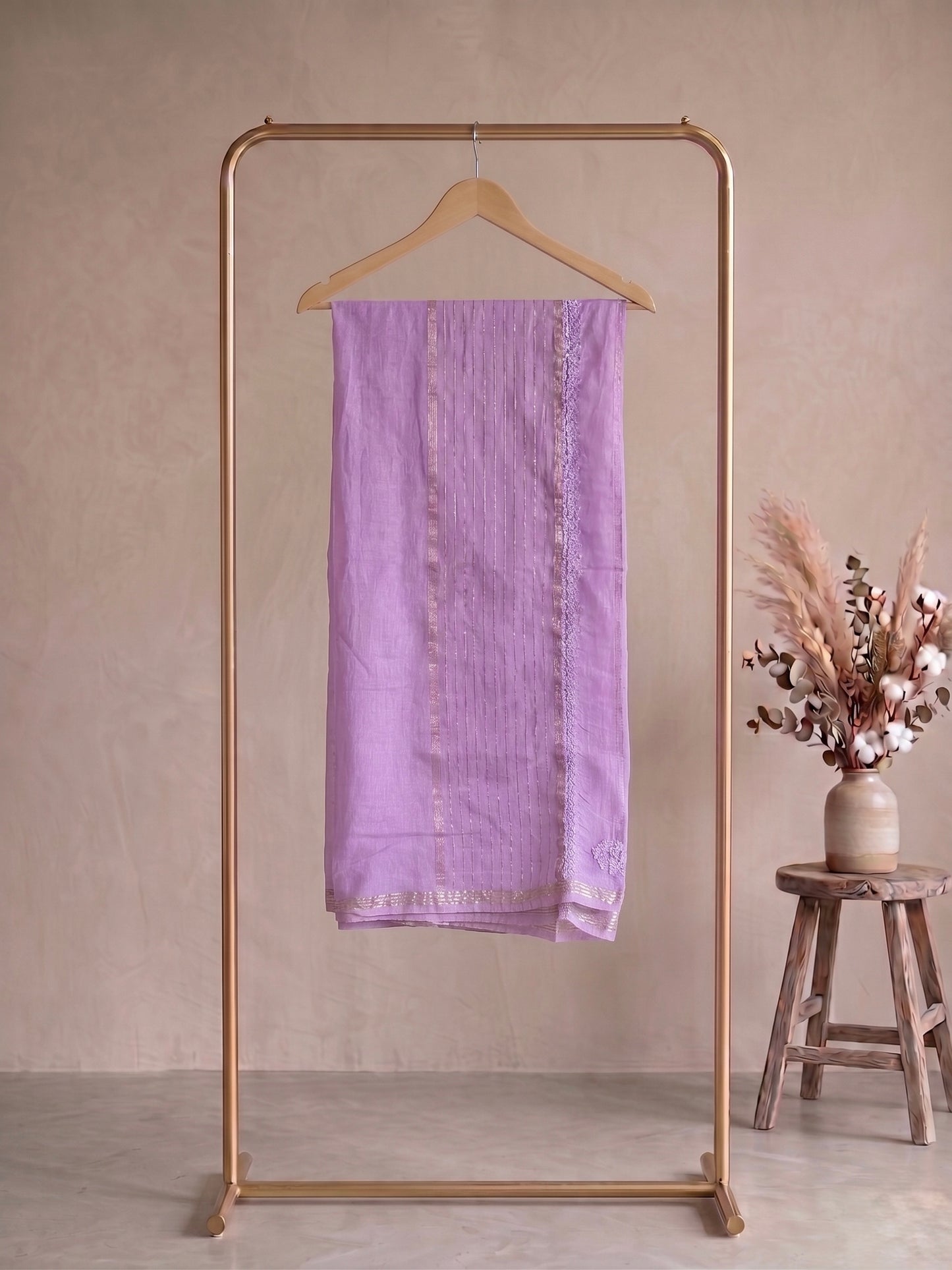 Nazaira Pure Mul Chanderi Semi-Stitched Dress Material for Women with Dupatta | Hand Embroidered Lucknow Chikankari Suit | Naira Cut Gown Style Ethnic Wear | Heavy Cutdana Work | Lavender