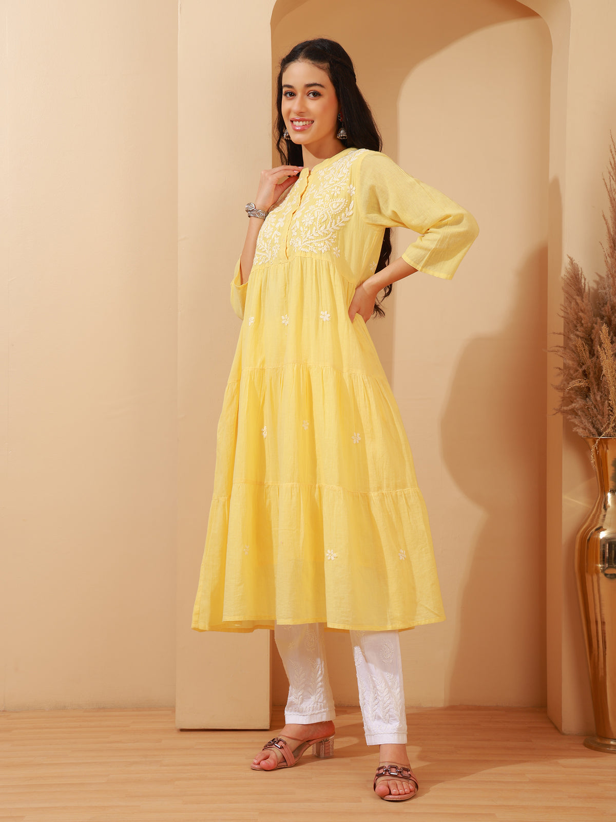 Nazaira Women’s Cotton Lucknow Chikankari Gown Style Long Kurta with Pockets | Butter Yellow Hand Embroidered Ethnic Wear | Handmade Lucknowi Chikankari Kurti | Traditional Handwork