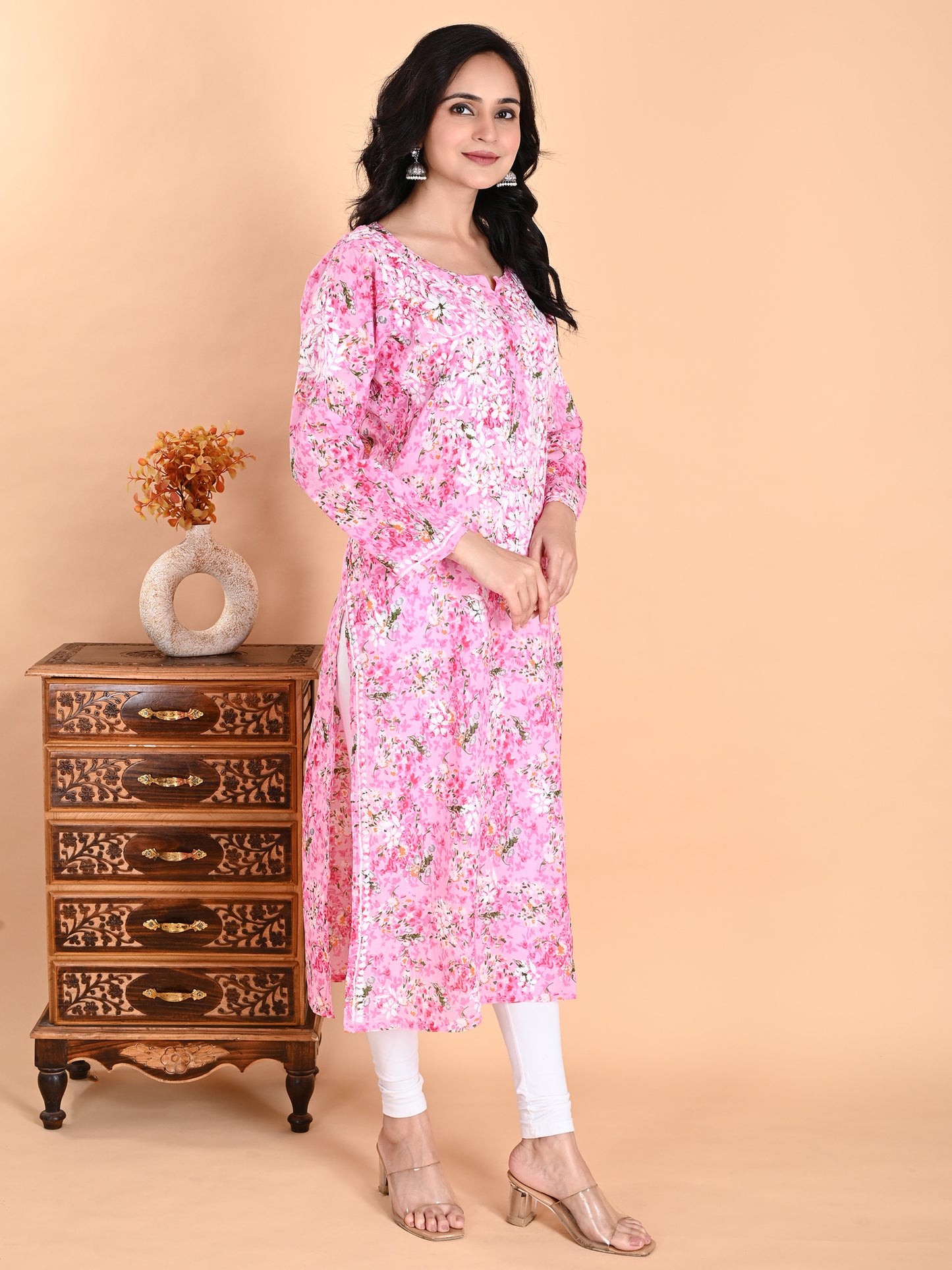 Pink Mul Cotton Lucknowi Chikankari Floral Printed Long Kurti for Women with Hand Embroidery – Elegant Ethnic Wear Kurta