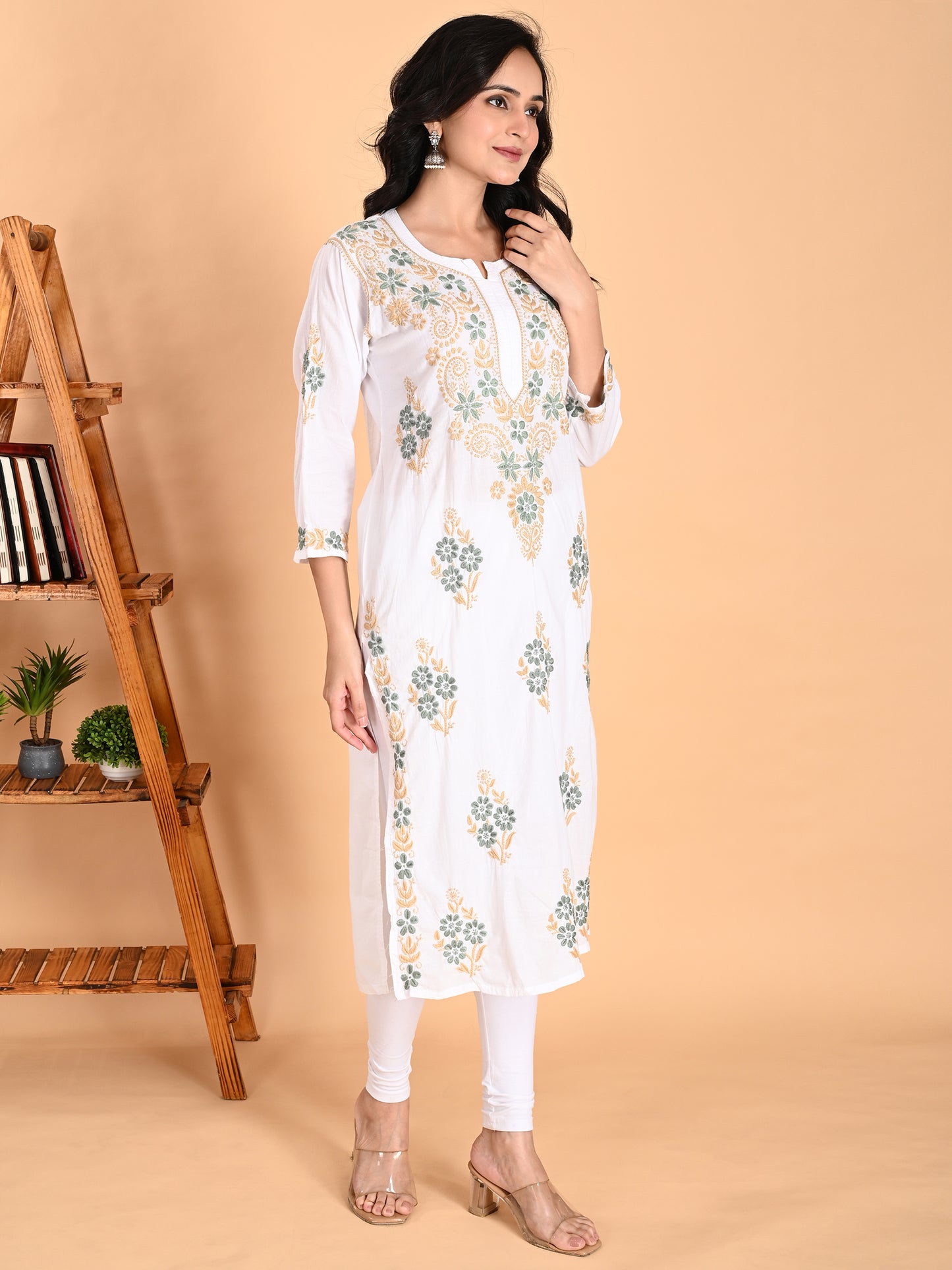White Cotton Lucknowi Chikankari Long Kurta for Women with Green & Golden Thread Hand Embroidery – Ethnic Wear Kurti