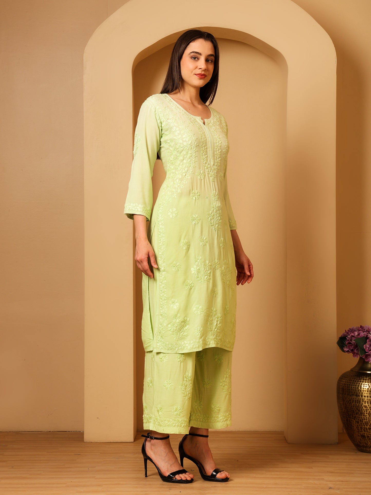 Nazaira Women’s Rayon Lucknow Chikankari Kurta Palazzo Set | Pista Green Ombre Hand Embroidered Kurti Set | Ethnic Wear for Women | Handmade Luckhnawi Chickankari Kurta with Palazzo