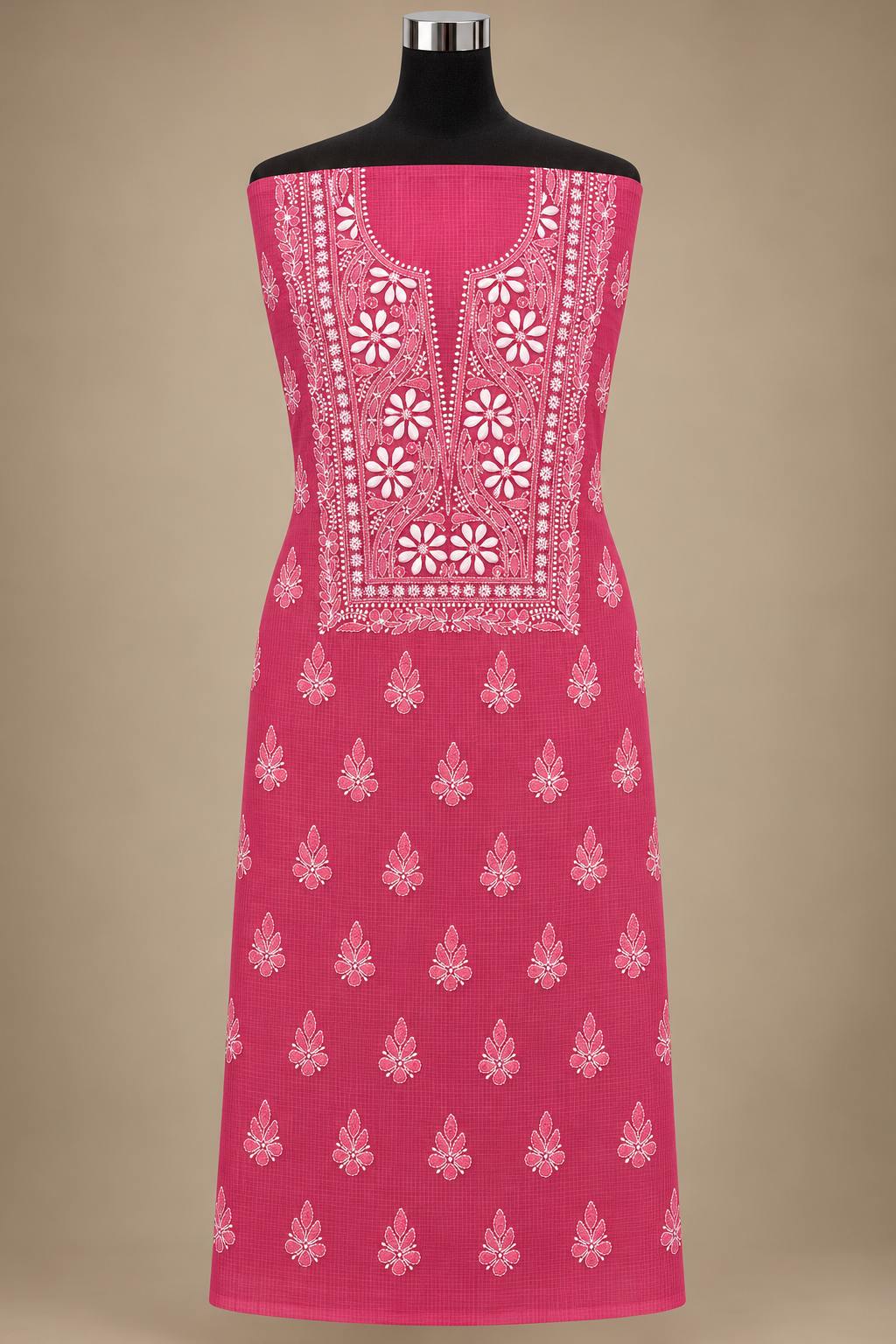 Women's Pink Kota Cotton Unstitched 2 Piece Suit Dress Material with Dupatta | Lucknowi Chikankari Hand Embroidery, Glass Gala Neck Design, All Over Work | Pooja Wedding Festive