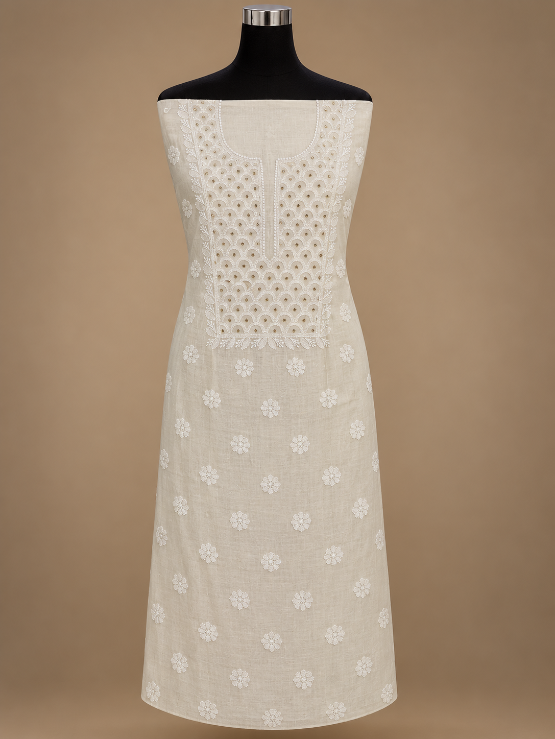 NAZAIRA Women's Cream Silk Chanderi Unstitched Suit Material with Dupatta | 2 Piece Lucknow Chikankari | Hand Embroidery with Mukaish Work and Glass Gala Neck Design | Festive, Wedding, Ethnic