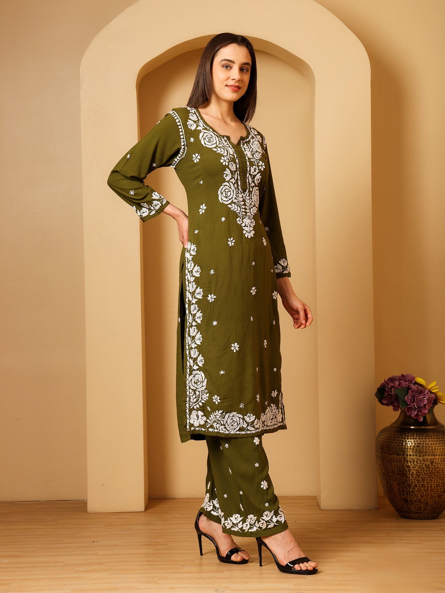 Nazaira Women’s Rayon 3D Work Lucknow Chikankari Kurta with Palazzo Set | Hand Embroidered Lucknawi Chickankari Kurti | Ethnic Wear for Women | Mehndi Green |