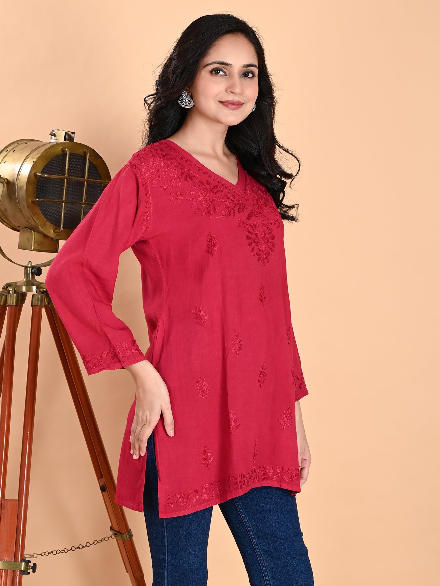 Magenta Rayon Lucknowi Chikankari Short Kurti for Women with Hand Embroidery – Ethnic Daily Wear Tunic Top