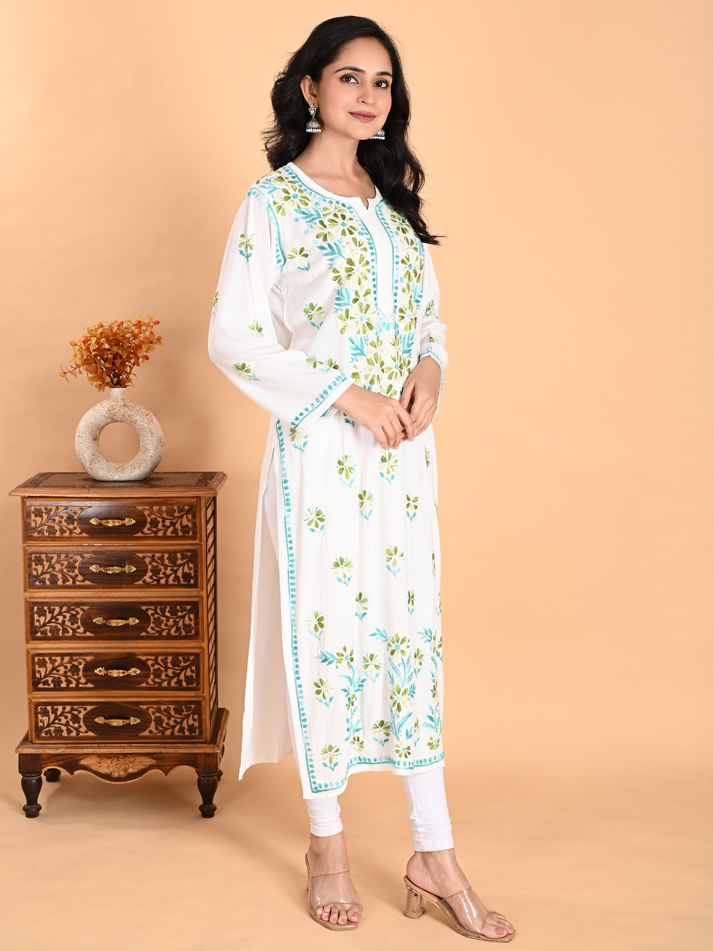 White Rayon Lucknowi Chikankari Long Kurta for Women with Blue & Green Floral Hand Embroidery – Ethnic Wear Kurti