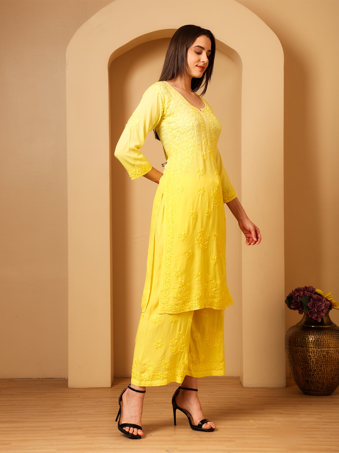 Nazaira Women’s Rayon Lucknow Chikankari Kurta Palazzo Set | Yellow Ombre Hand Embroidered Kurti Set | Ethnic Wear for Women | Handmade Luckhnawi Chickankari Kurta with Palazzo