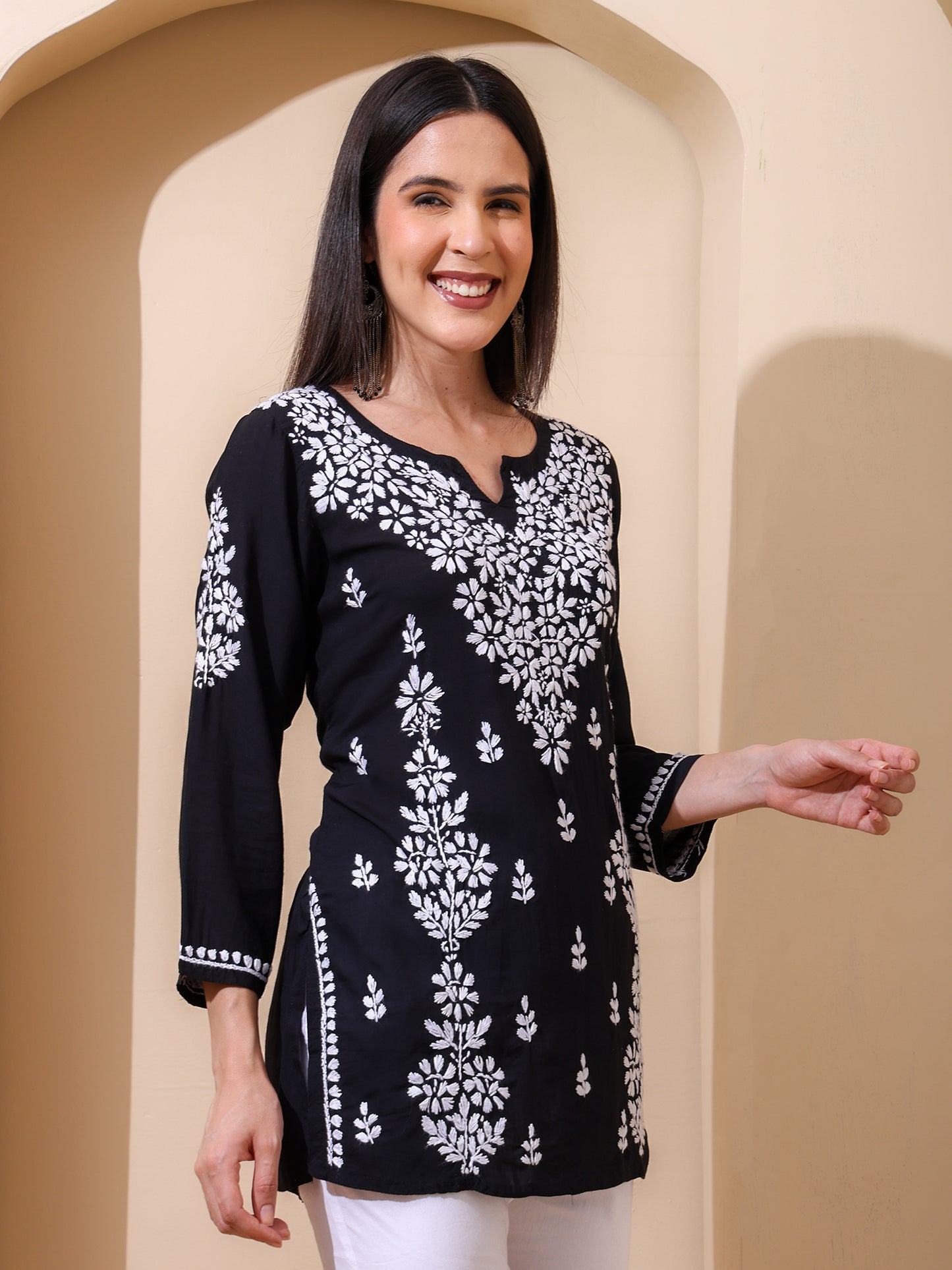Nazaira Women’s Modal Lucknow Chikankari Short Kurta | Hand Embroidered Luckhnawi Kurti for Women | Ethnic Wear Tunic Top with Panel Work | Black
