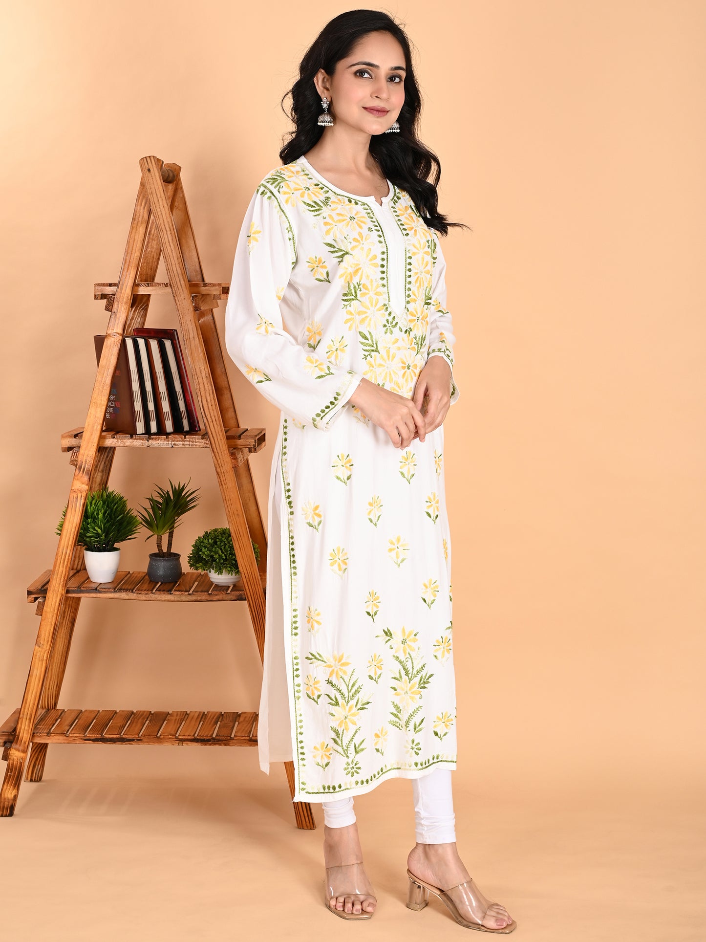 White Rayon Lucknowi Chikankari Long Kurta for Women with Yellow & Green Floral Hand Embroidery – Ethnic Wear Kurti