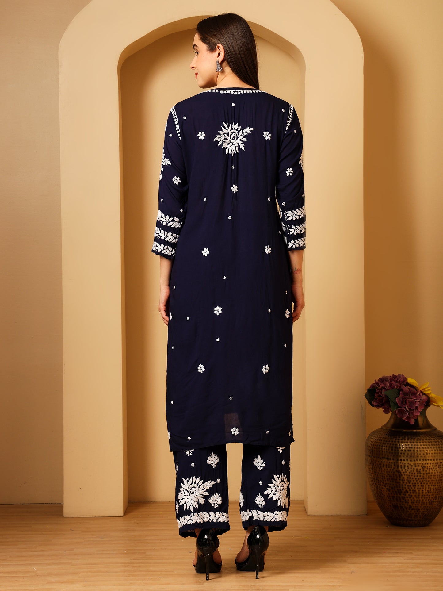 Nazaira Modal Lucknow Chikankari Kurta Set for Women with Palazzo | 3D Hand Embroidery Long Kurti | Ethnic Wear for Women | Handmade Luckhnawi Chickankari | Navy Blue |