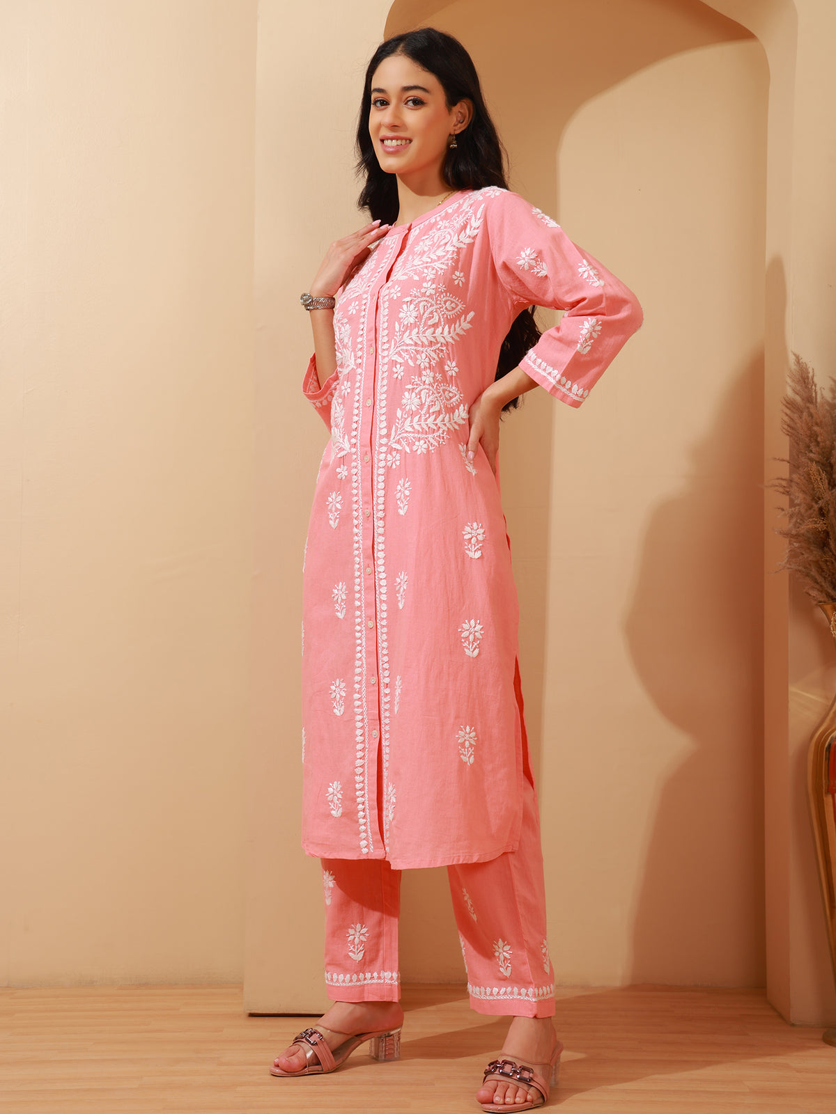 Nazaira Cotton Chikankari Kurta Pant Set for Women | Peach Lucknowi Hand Embroidered Shirt Style Long Kurta with Pant & Pockets | Handmade Ethnic Wear | Modern Traditional Chikankari Handwork