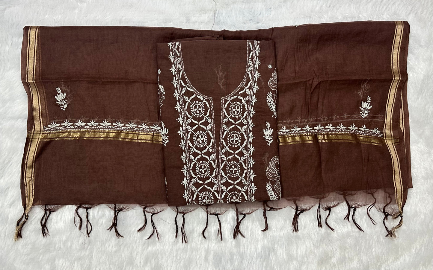 Pure Mul Chanderi Lucknowi Chikankari Unstitched Suit for Women with Dupatta – Hand Embroidered Ethnic Dress Material (2 Piece Set) - Brown
