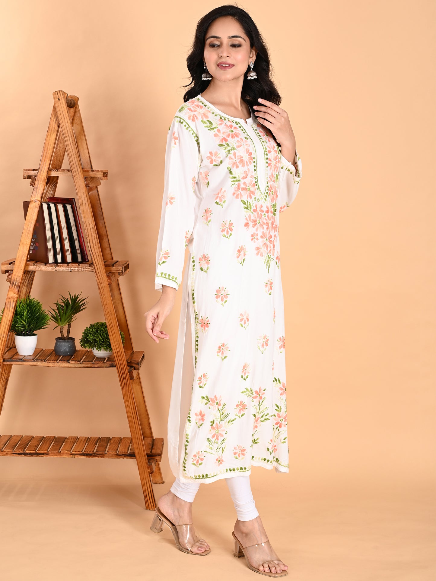 White Rayon Lucknowi Chikankari Long Kurta for Women with Peach & Green Floral Hand Embroidery – Ethnic Wear Kurti