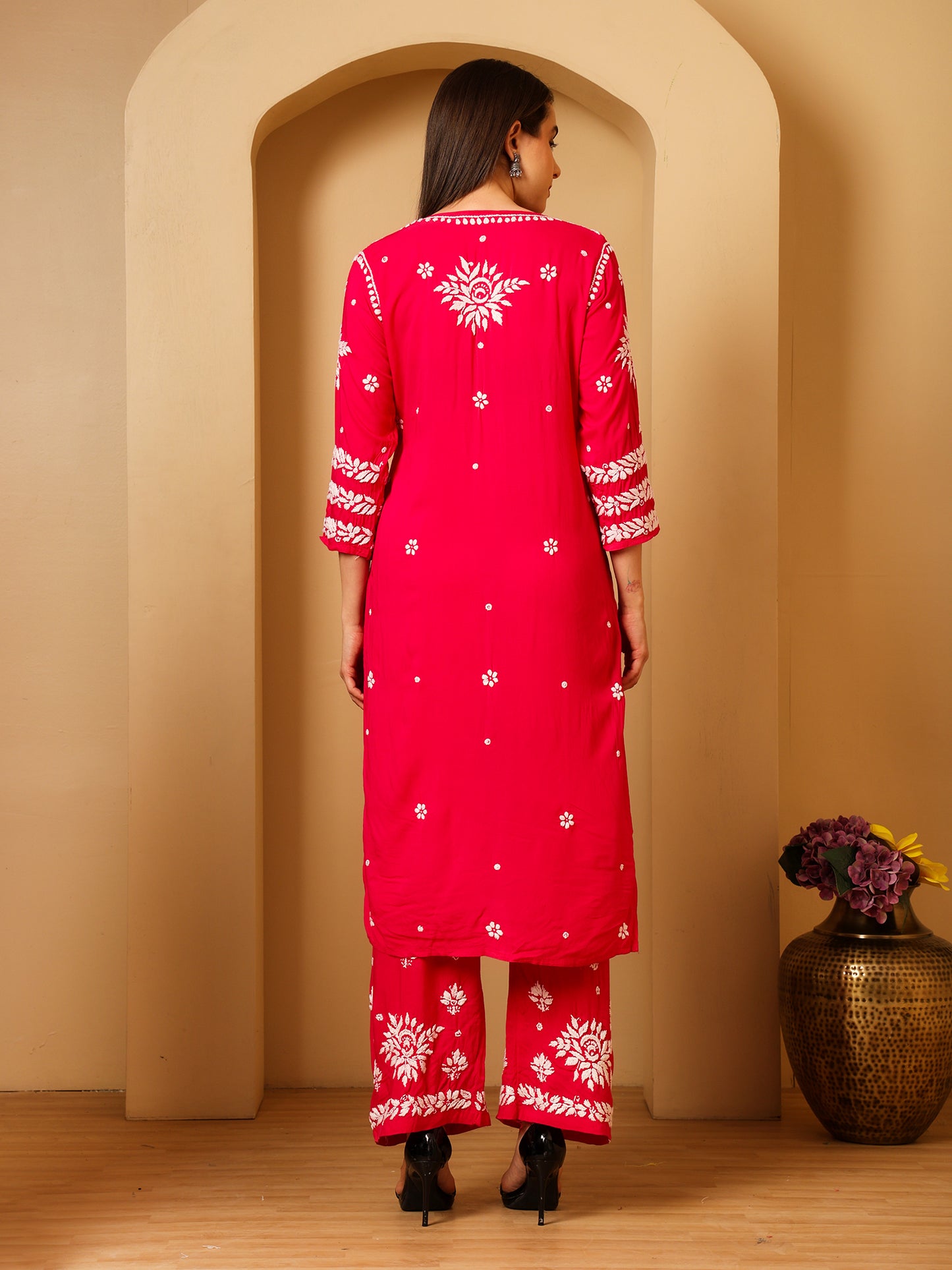 Nazaira Modal Lucknow Chikankari Kurta Set for Women with Palazzo | 3D Hand Embroidery Long Kurti | Ethnic Wear for Women | Handmade Luckhnawi Chickankari | Rani Pink |