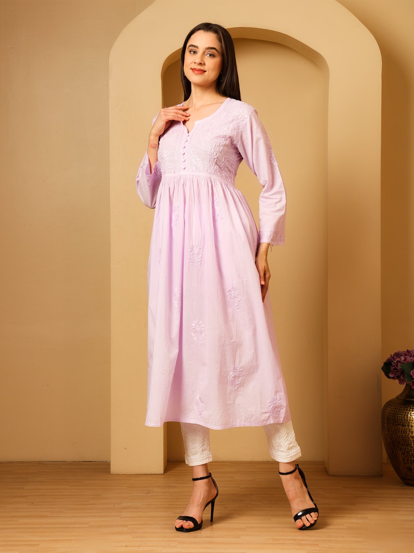Nazaira Women’s Cotton Chikankari Kurta Gown Style Lavender | Hand Embroidered Lucknow Chikankari Kurti | Ethnic Wear for Women | Long Anarkali Kurta | Handmade Cotton Kurta