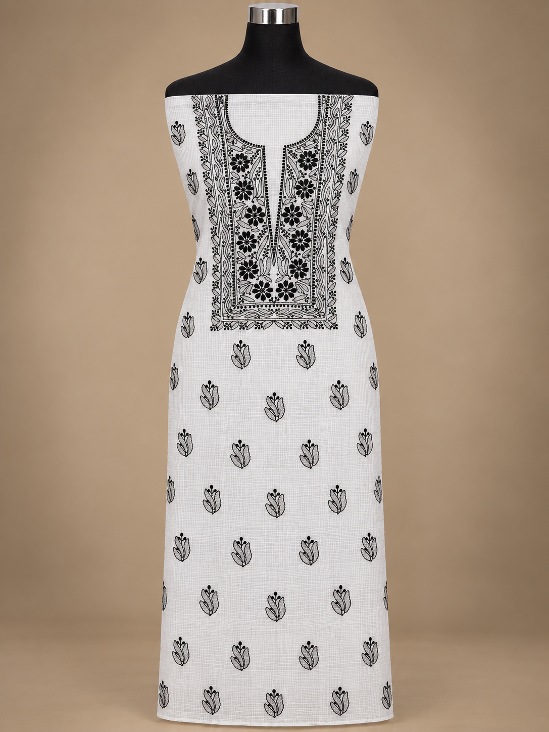 Women's White Kota Cotton Unstitched 2 Piece Suit Dress Material with Dupatta | Lucknowi Chikankari Hand Embroidery | Glass Gala Neck, Heavy Dupatta Work | Pooja Wedding Festive