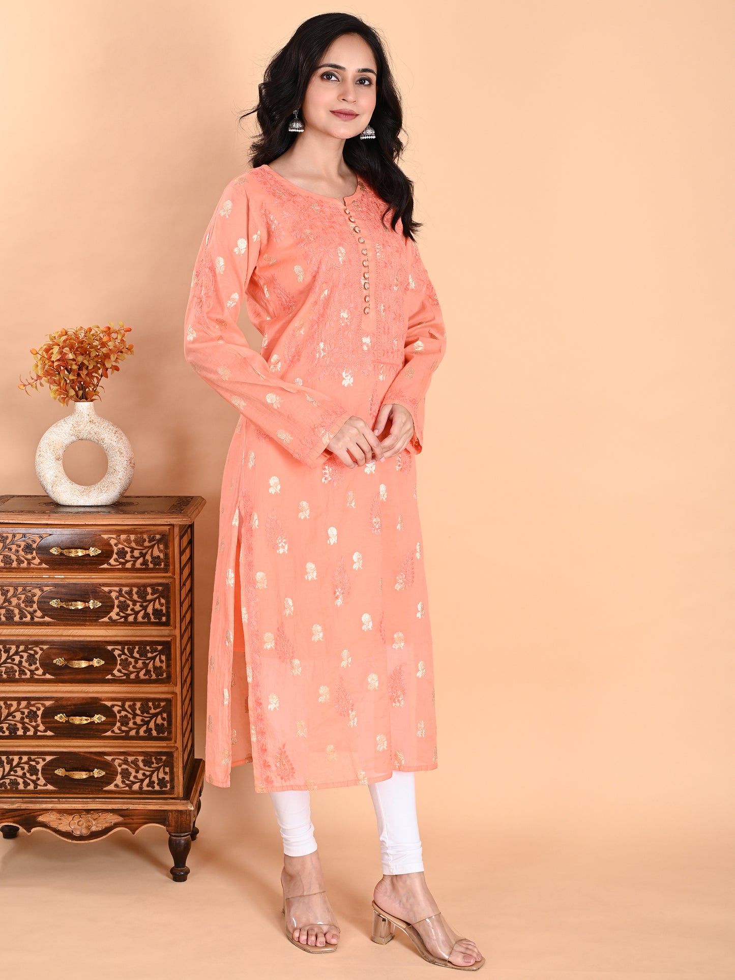 Peach Mul Chanderi Lucknowi Chikankari Long Kurta for Women with Inner, Banarasi Boota Hand Embroidery – Ethnic Wear Kurti