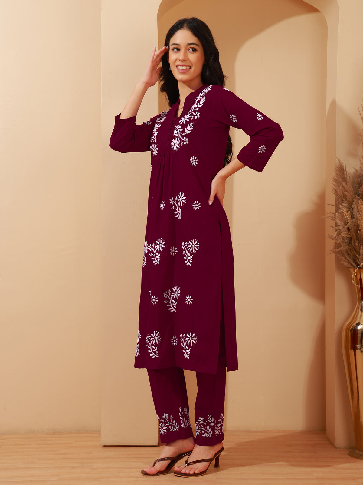 Nazaira Cotton Chikankari Kurta Pant Set for Women | Wine A-Line Long Kurti with Hand Embroidery | Lucknowi Chikankari Ethnic Wear with Pants & Pockets | Handmade Handwork Kurta Set
