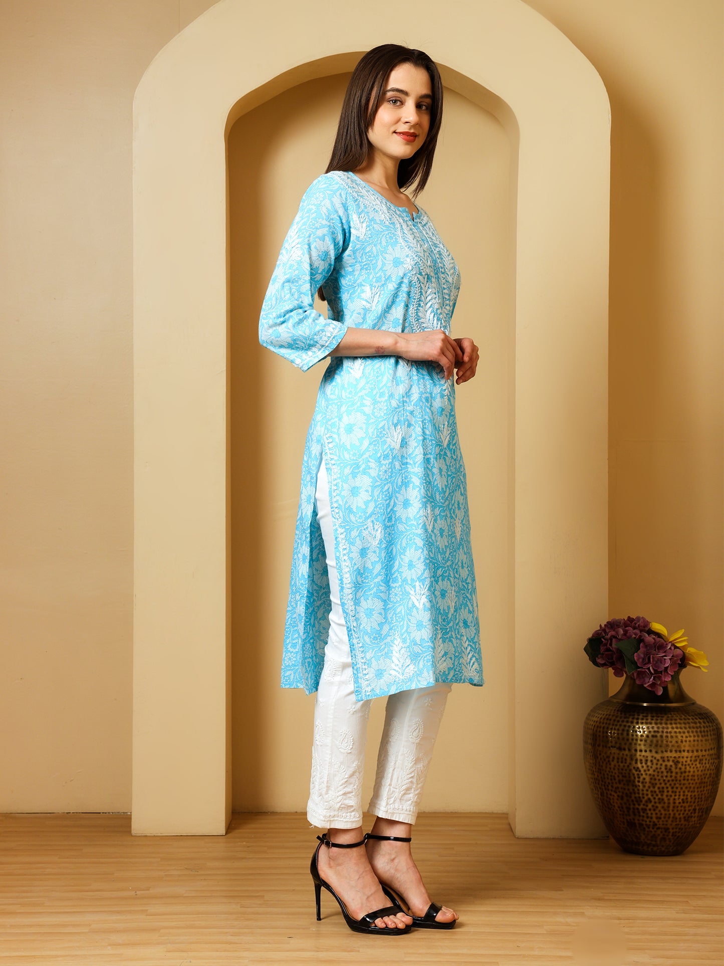 Nazaira Mulmul Cotton Chikankari Kurta for Women Sky Blue | Hand Embroidered Lucknow Chikankari Kurti | Ethnic Wear Long Kurta for Women | Handmade Luckhnawi Chickankari Kurta