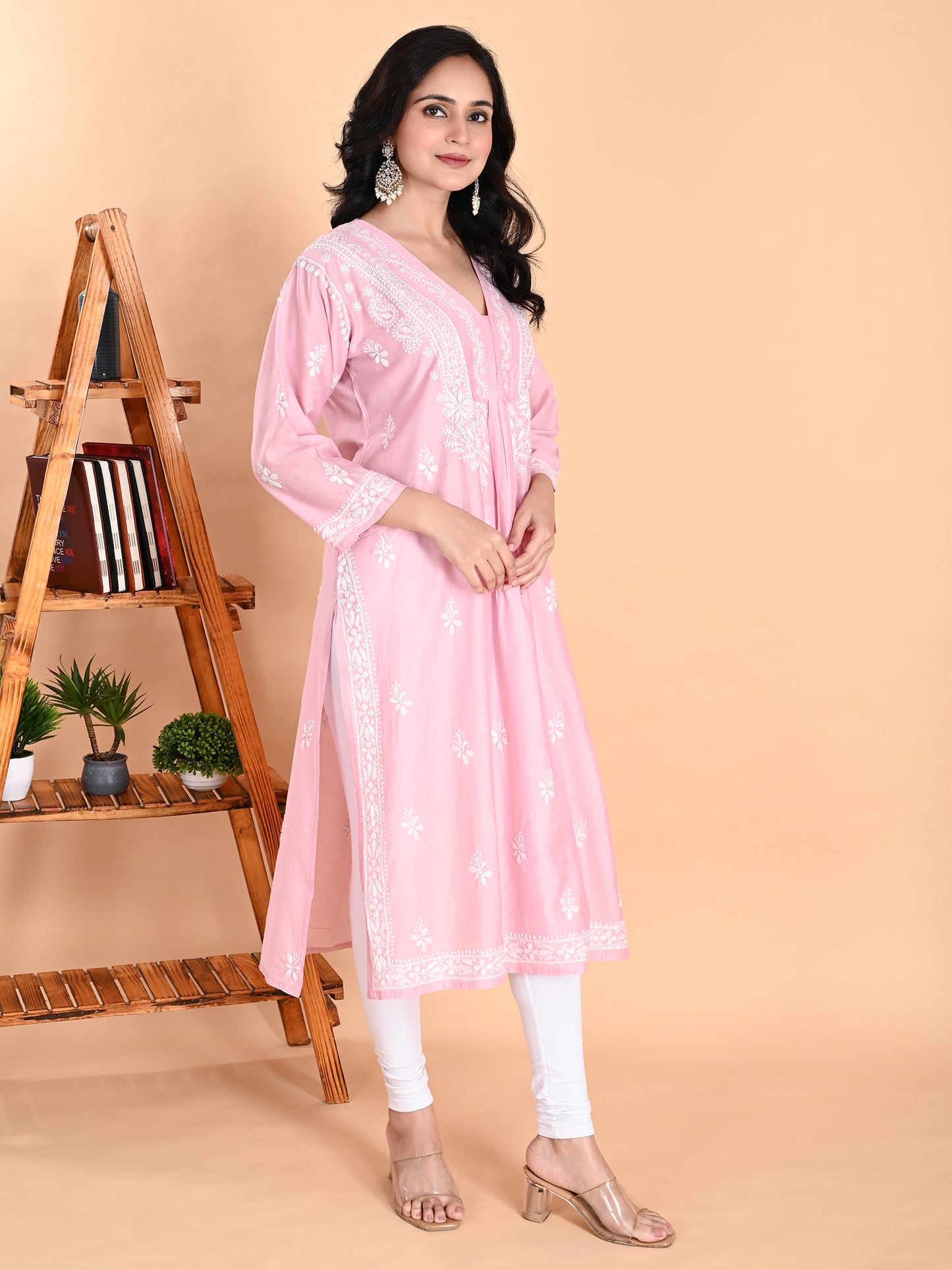 Pink Chanderi Lucknowi Chikankari Anarkali Kurta for Women with White Hand Embroidery – Handmade Ethnic Wear Kurti