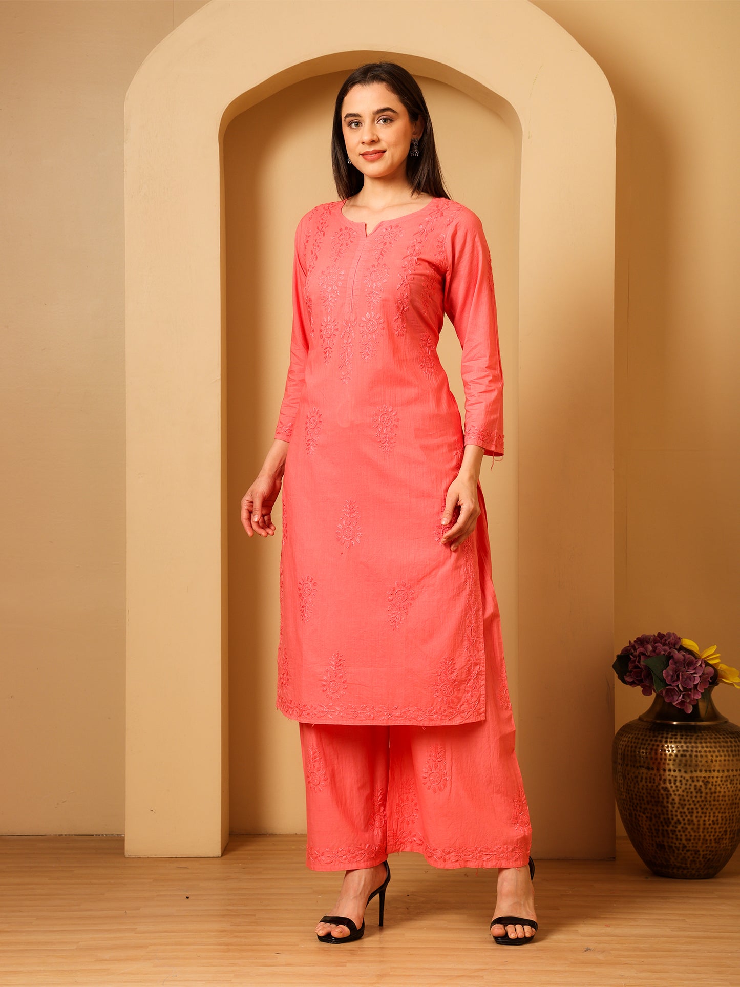 Nazaira Cotton Chikankari Kurta Palazzo Set for Women | Hand Embroidered Lucknowi Chikankari Kurti with Palazzo | Ethnic Wear Long Kurta Set (Pink) | Handmade Cotton Kurta for Women