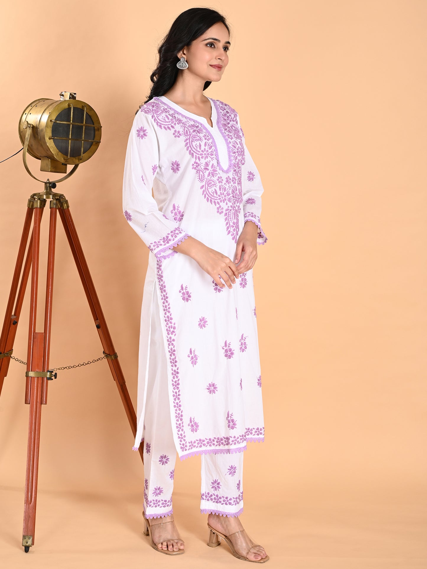 White Cotton Lucknowi Chikankari Kurta with Pajama Set for Women with Purple Hand Embroidery – Ethnic Wear Suit Set