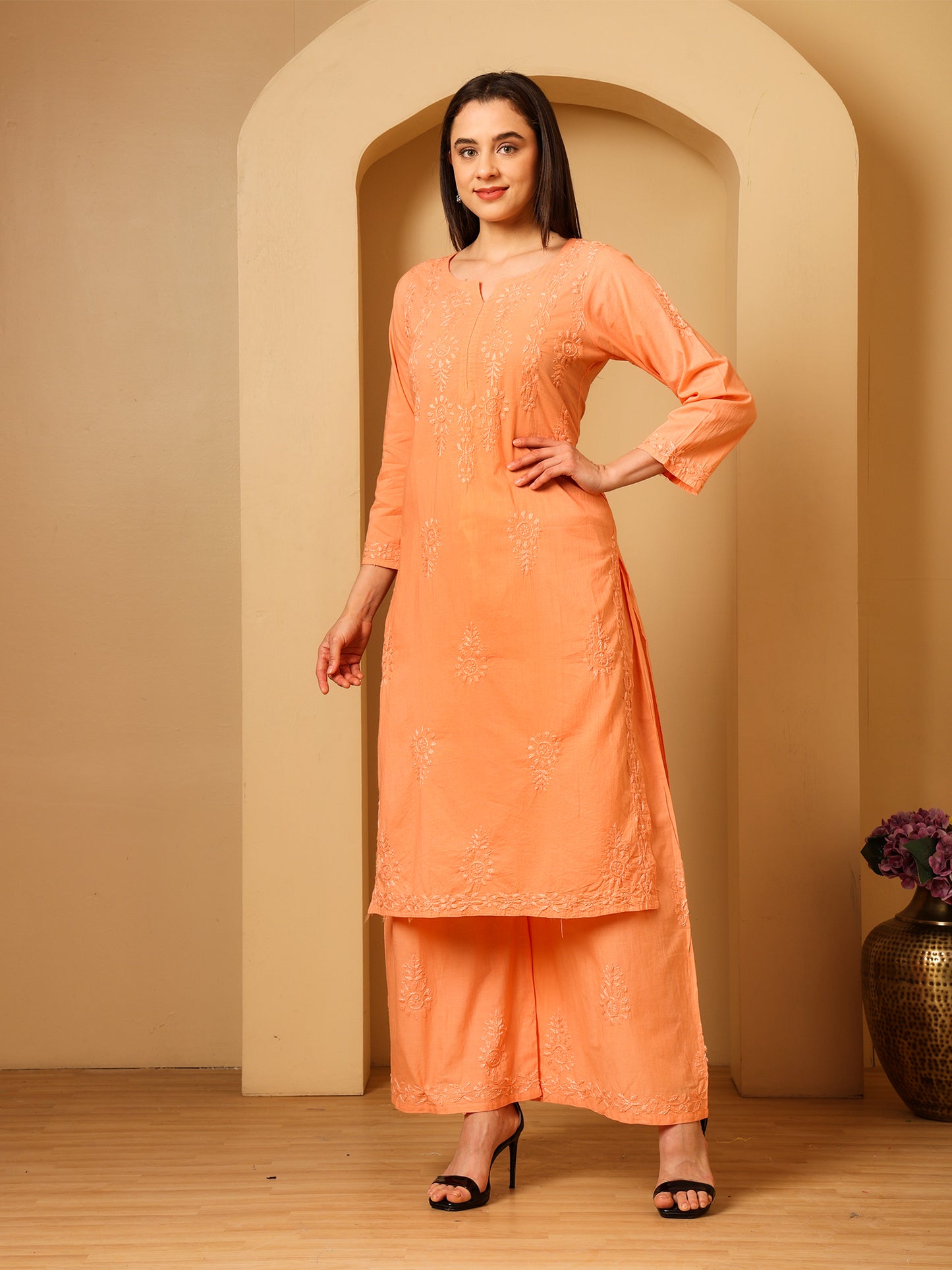 Cotton Chikankari Kurta Palazzo Set for Women | Hand Embroidered Lucknowi Chikankari Kurti with Palazzo | Ethnic Wear Long Kurta Set (Peach) | Handmade Cotton Kurta for Women