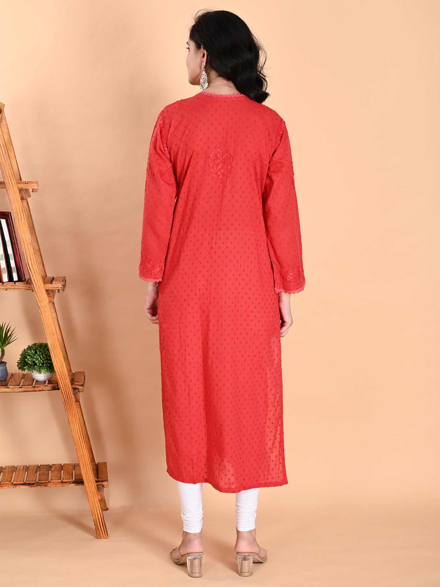 Red Cotton Lucknowi Chikankari Angarkha Kurta for Women with Hand Embroidery – Long Ethnic Daily Wear Kurti