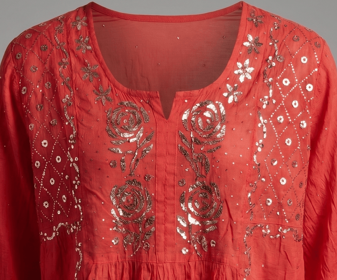 Nazaira Pure Mul Chanderi Semi-Stitched Suit for Women with Dupatta | Hand Embroidered Lucknow Chikankari Kurta Set | Pitta Work Naira Cut Gown Style Ethnic Wear | Dress Material | Red