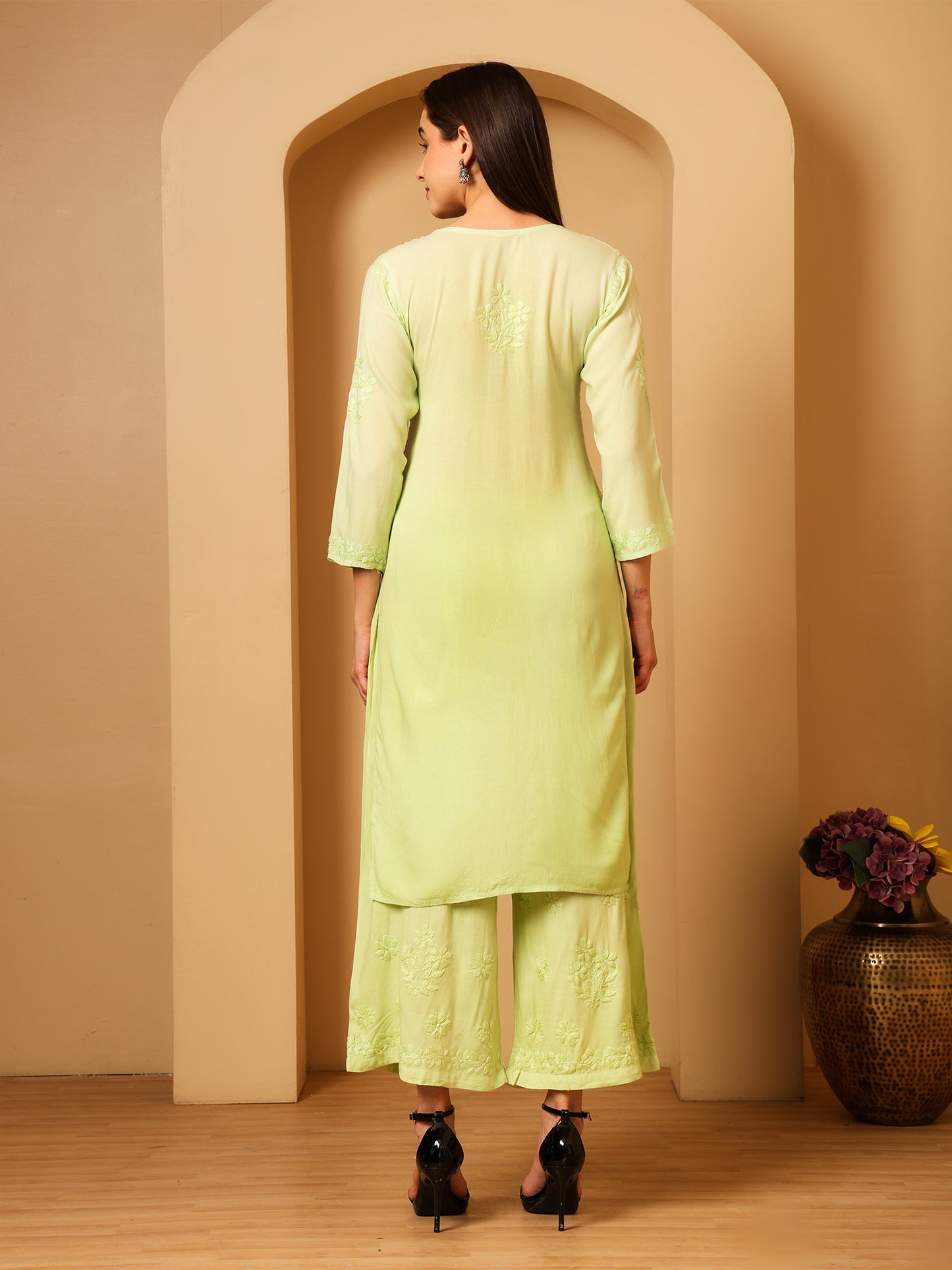 Nazaira Women’s Rayon Lucknow Chikankari Kurta Palazzo Set | Pista Green Ombre Hand Embroidered Kurti Set | Ethnic Wear for Women | Handmade Luckhnawi Chickankari Kurta with Palazzo