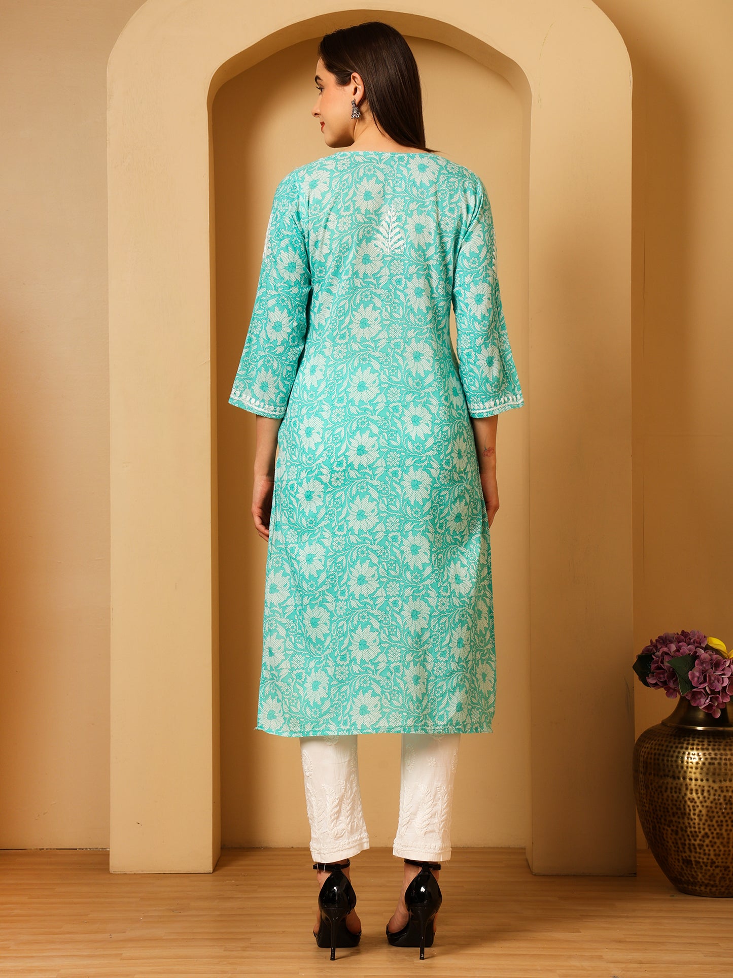Nazaira Mulmul Cotton Chikankari Kurta for Women Aqua Green | Hand Embroidered Lucknow Chikankari Kurti | Ethnic Wear Long Kurta for Women | Handmade Luckhnawi Chickankari Kurta