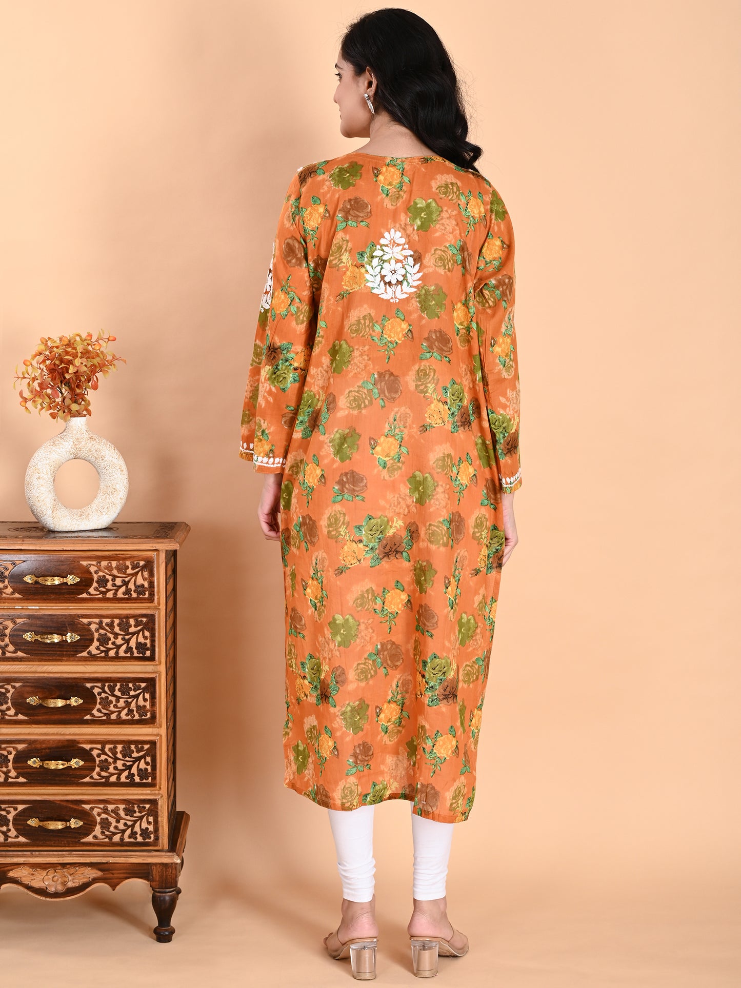 Mustard Mul Cotton Lucknowi Chikankari Floral Printed Long Kurti for Women with Hand Embroidery – Elegant Ethnic Wear Kurta