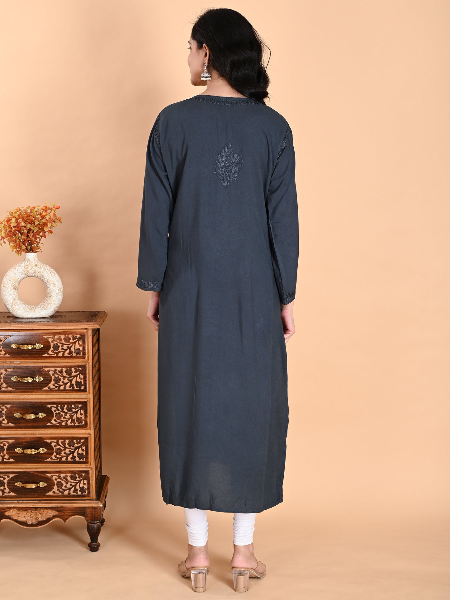 Green Rayon Lucknowi Chikankari Long Kurta for Women with Hand Embroidery – Elegant Traditional Ethnic Wear Kurti