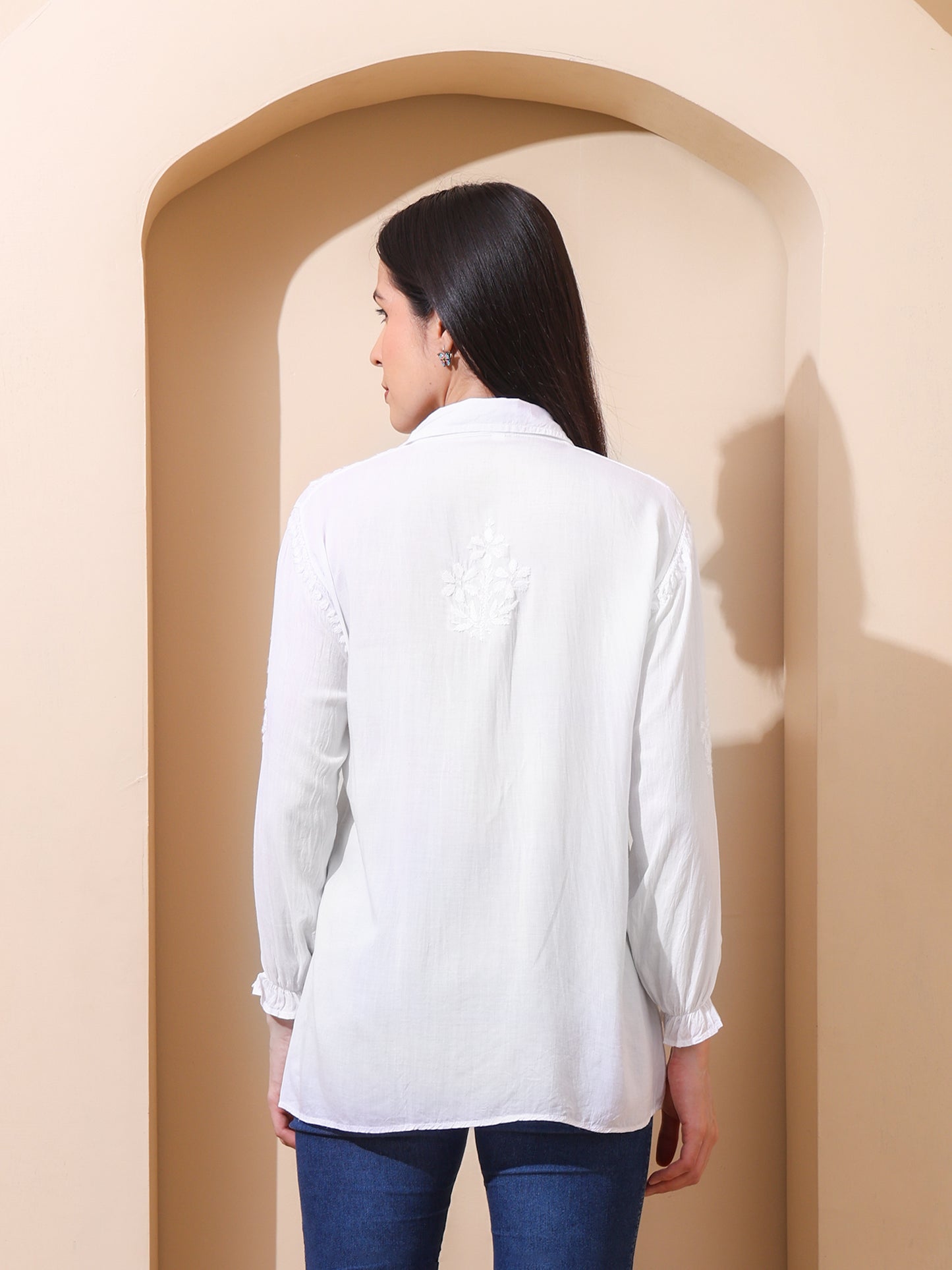Nazaira Women’s Modal Lucknow Chikankari Shirt for Women | Hand Embroidered Luckhnawi Chickankari Top | White Ombre Ethnic Wear Shirt with 3/4 Sleeves | Handmade for Women