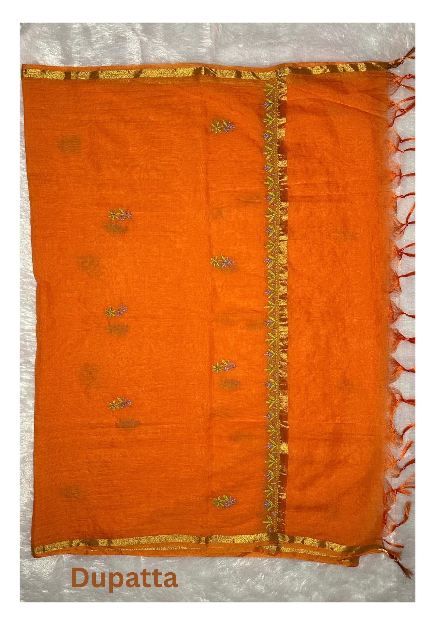 Pure Mul Chanderi Lucknowi Chikankari Unstitched Suit for Women with Dupatta – Hand Embroidered Ethnic Dress Material (2 Piece Set) - Orange